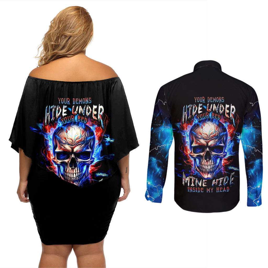 fire-skull-couples-matching-off-shoulder-short-dress-and-long-sleeve-button-shirts-your-demon-hide-under-your-bed