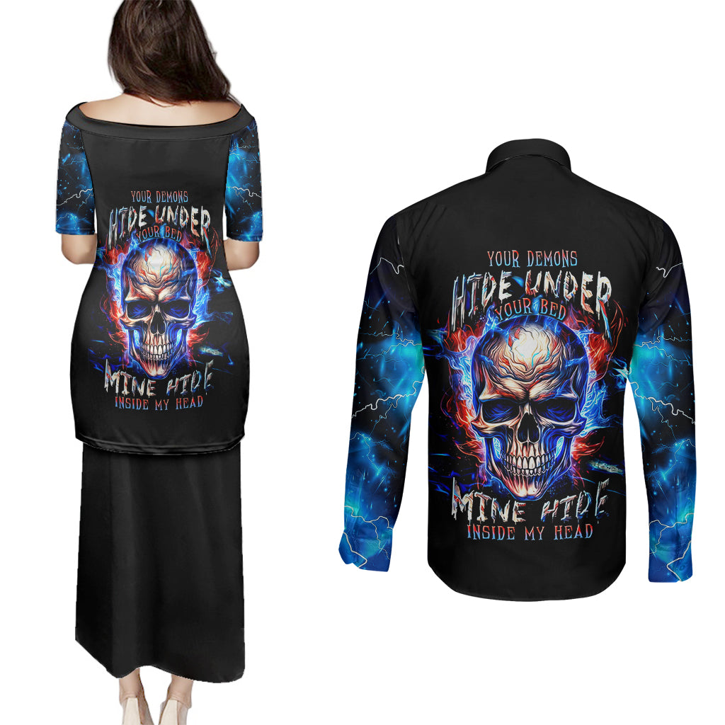 fire-skull-couples-matching-puletasi-dress-and-long-sleeve-button-shirts-your-demon-hide-under-your-bed