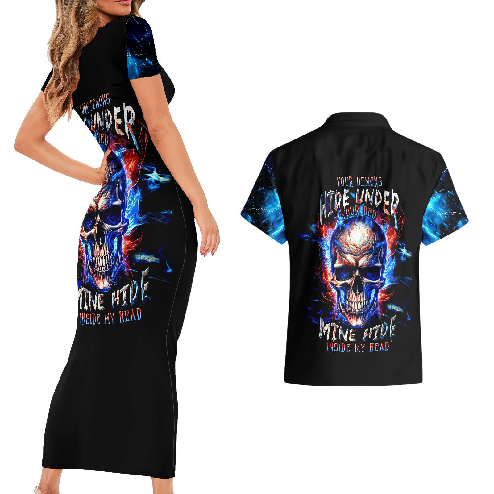 fire-skull-couples-matching-short-sleeve-bodycon-dress-and-hawaiian-shirt-your-demon-hide-under-your-bed