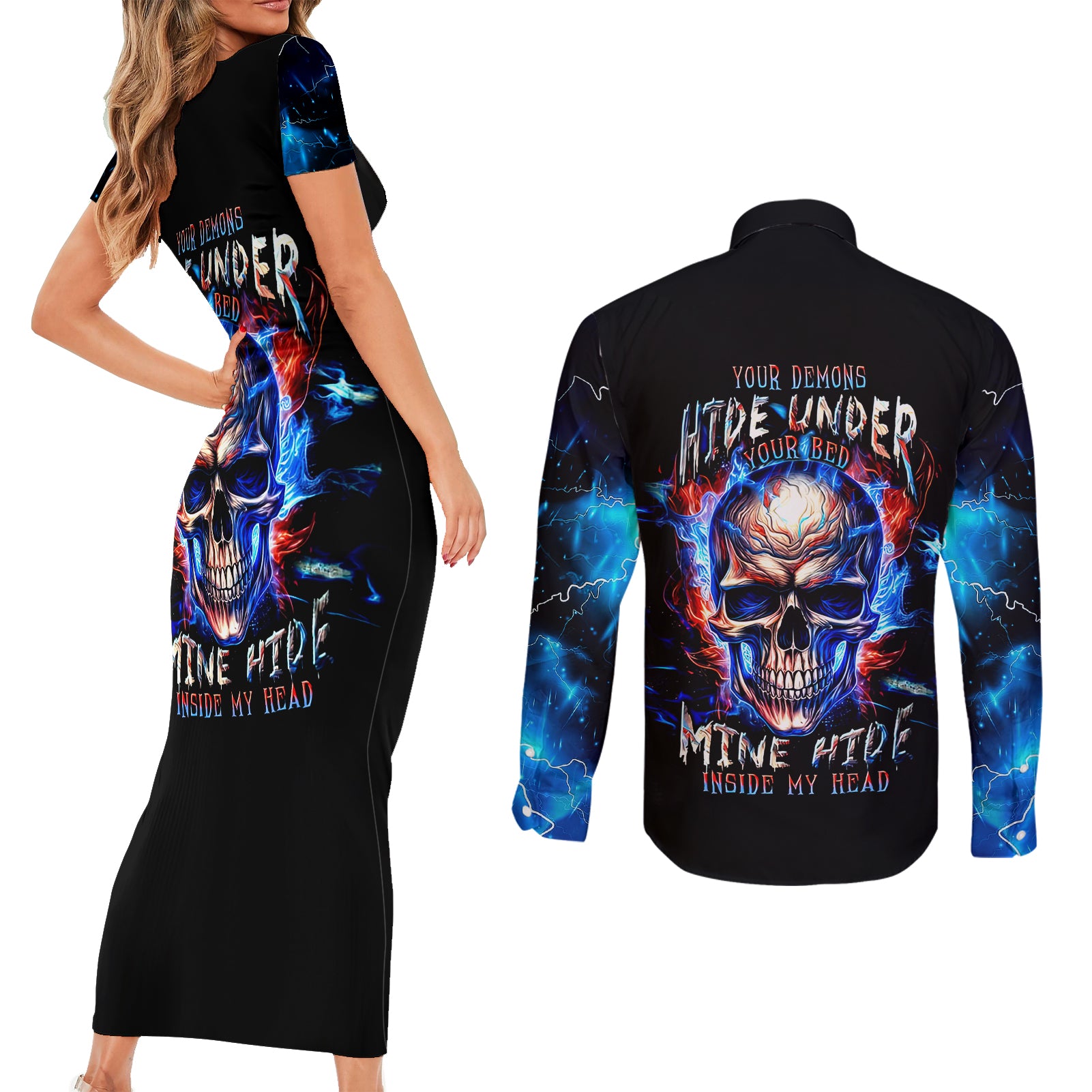 fire-skull-couples-matching-short-sleeve-bodycon-dress-and-long-sleeve-button-shirts-your-demon-hide-under-your-bed