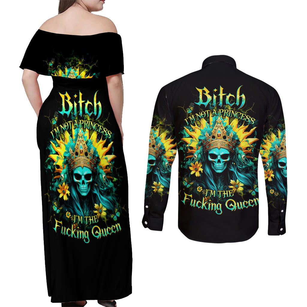 Sunflower Skull Couples Matching Off Shoulder Maxi Dress and Long Sleeve Button Shirt Bitch I'm Not A Princess I'm The Fucking Queen