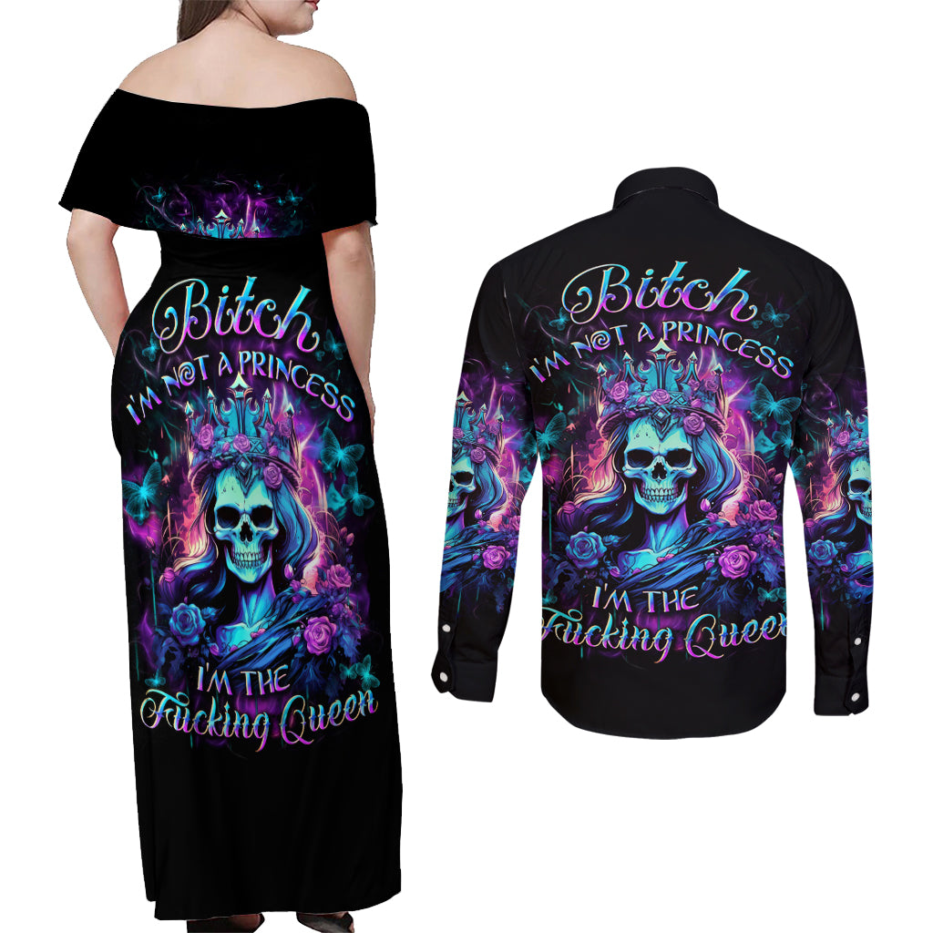 Rose Skull Couples Matching Off Shoulder Maxi Dress and Long Sleeve Button Shirt Bitch I'm Not A Princess I'm The Fucking Queen