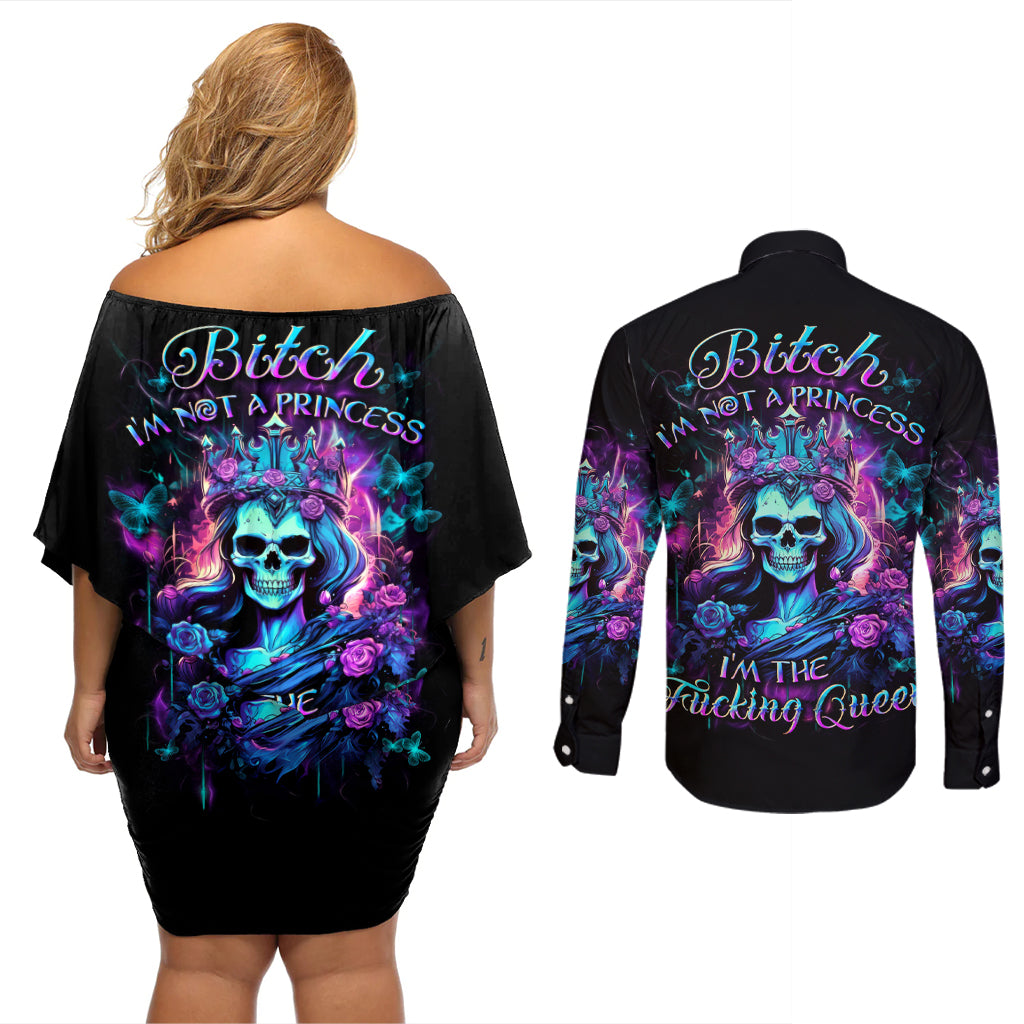 Rose Skull Couples Matching Off Shoulder Short Dress and Long Sleeve Button Shirt Bitch I'm Not A Princess I'm The Fucking Queen