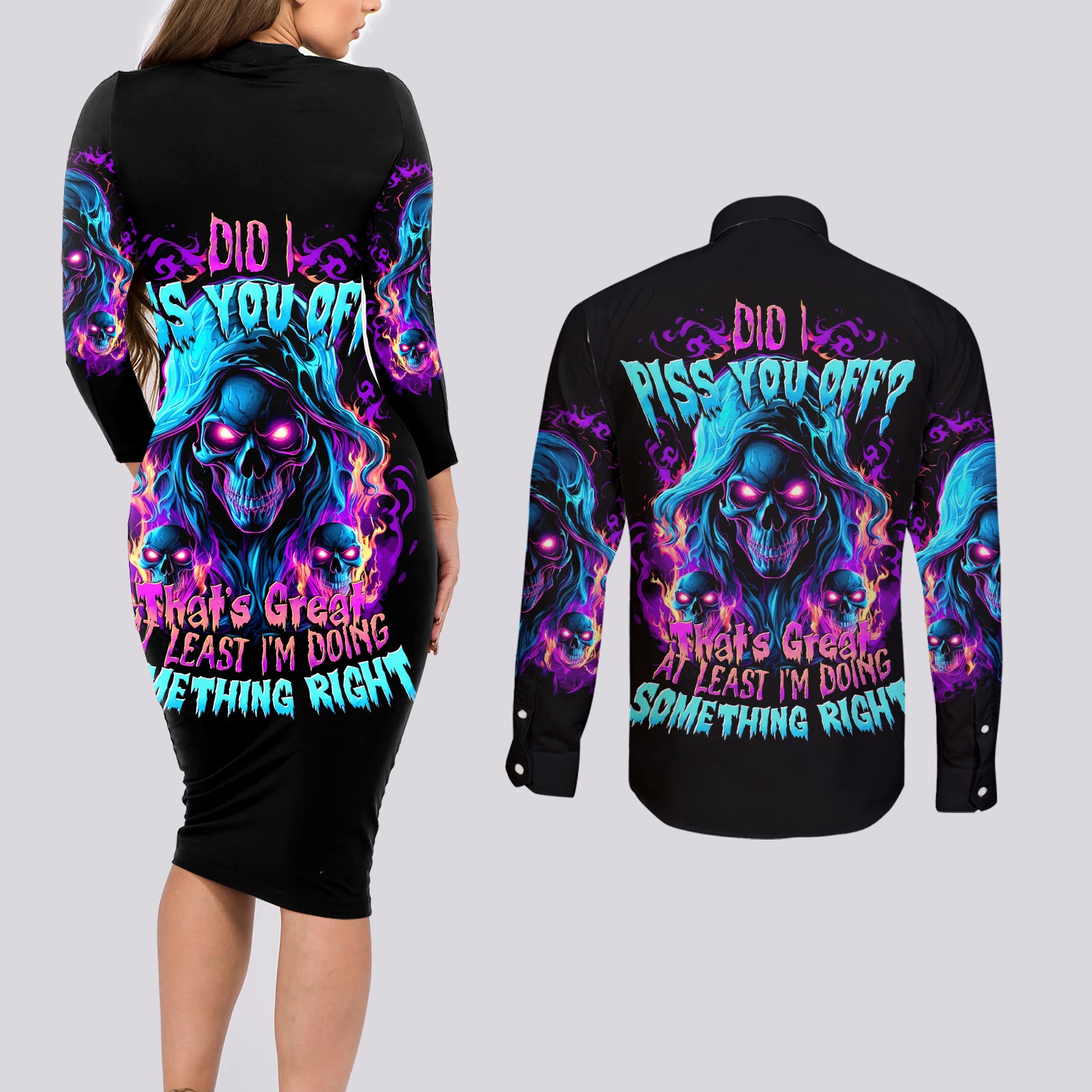 Flame Skull Couples Matching Long Sleeve Bodycon Dress and Long Sleeve Button Shirt Did I Piss You Off That Great At Least I'm Doing Something Right