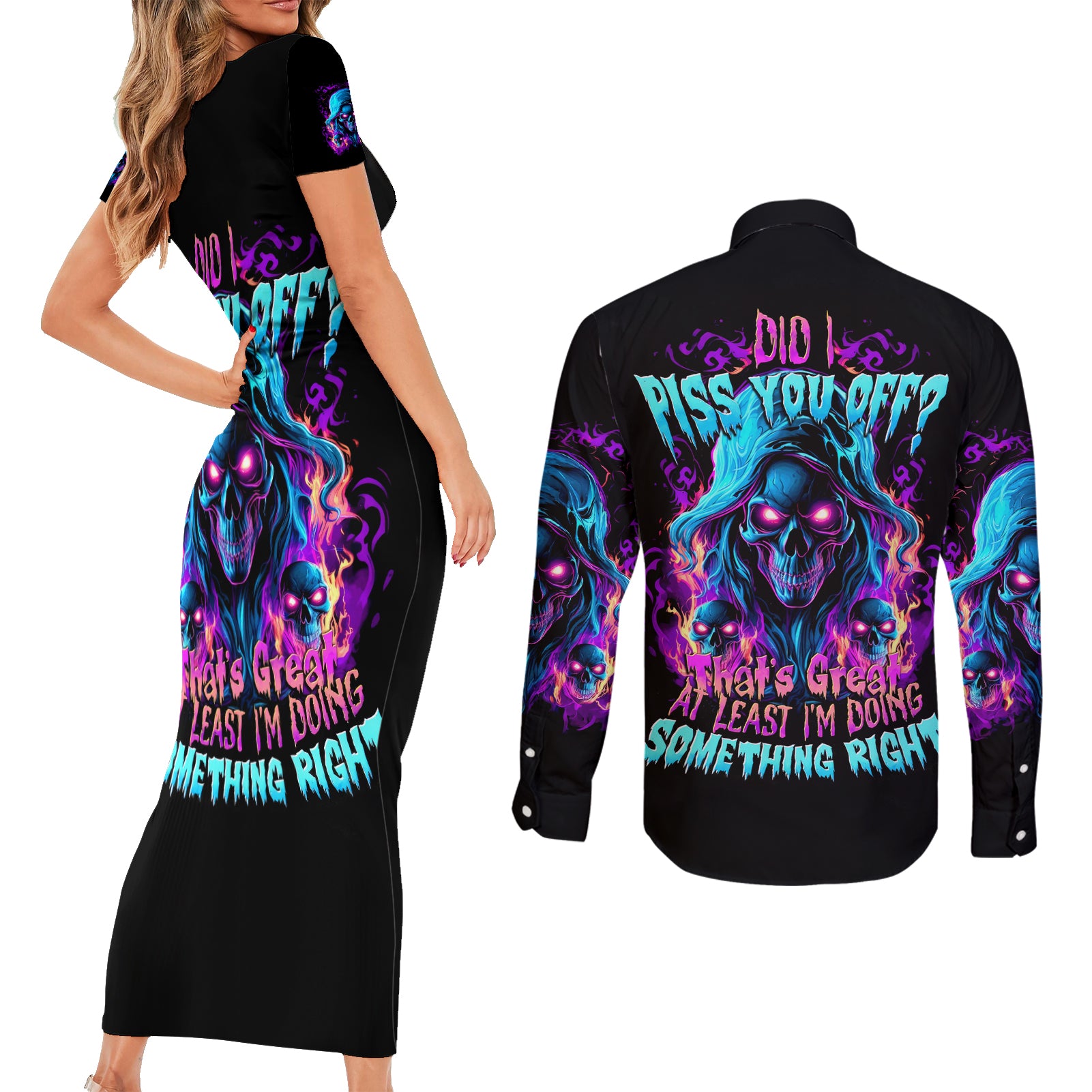 Flame Skull Couples Matching Short Sleeve Bodycon Dress and Long Sleeve Button Shirt Did I Piss You Off That Great At Least I'm Doing Something Right