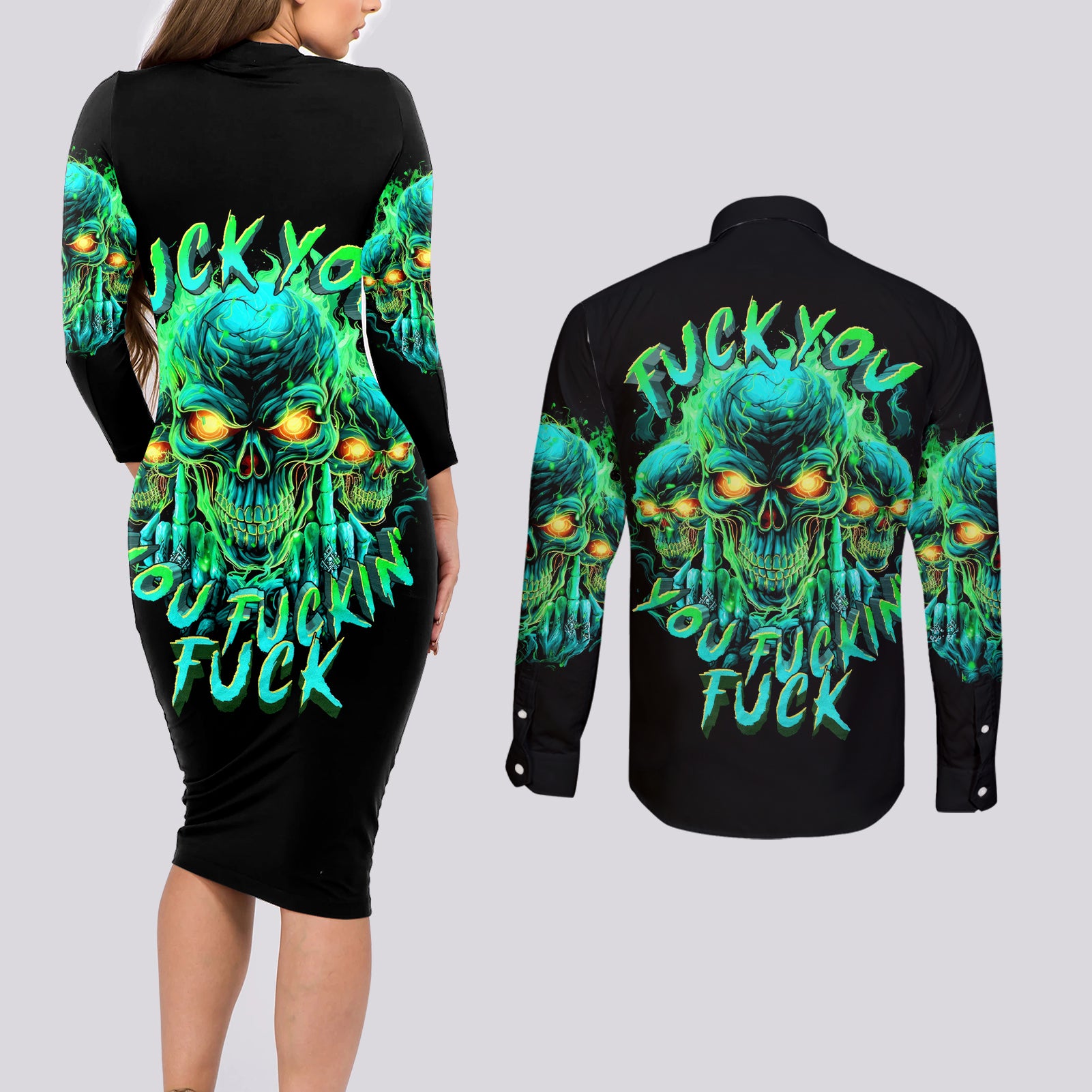 Flame Skull Couples Matching Long Sleeve Bodycon Dress and Long Sleeve Button Shirt Fuck You You Fuckin Fuck