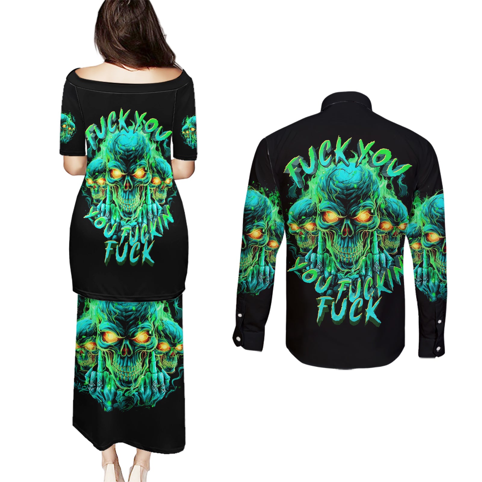 Flame Skull Couples Matching Puletasi and Long Sleeve Button Shirt Fuck You You Fuckin Fuck