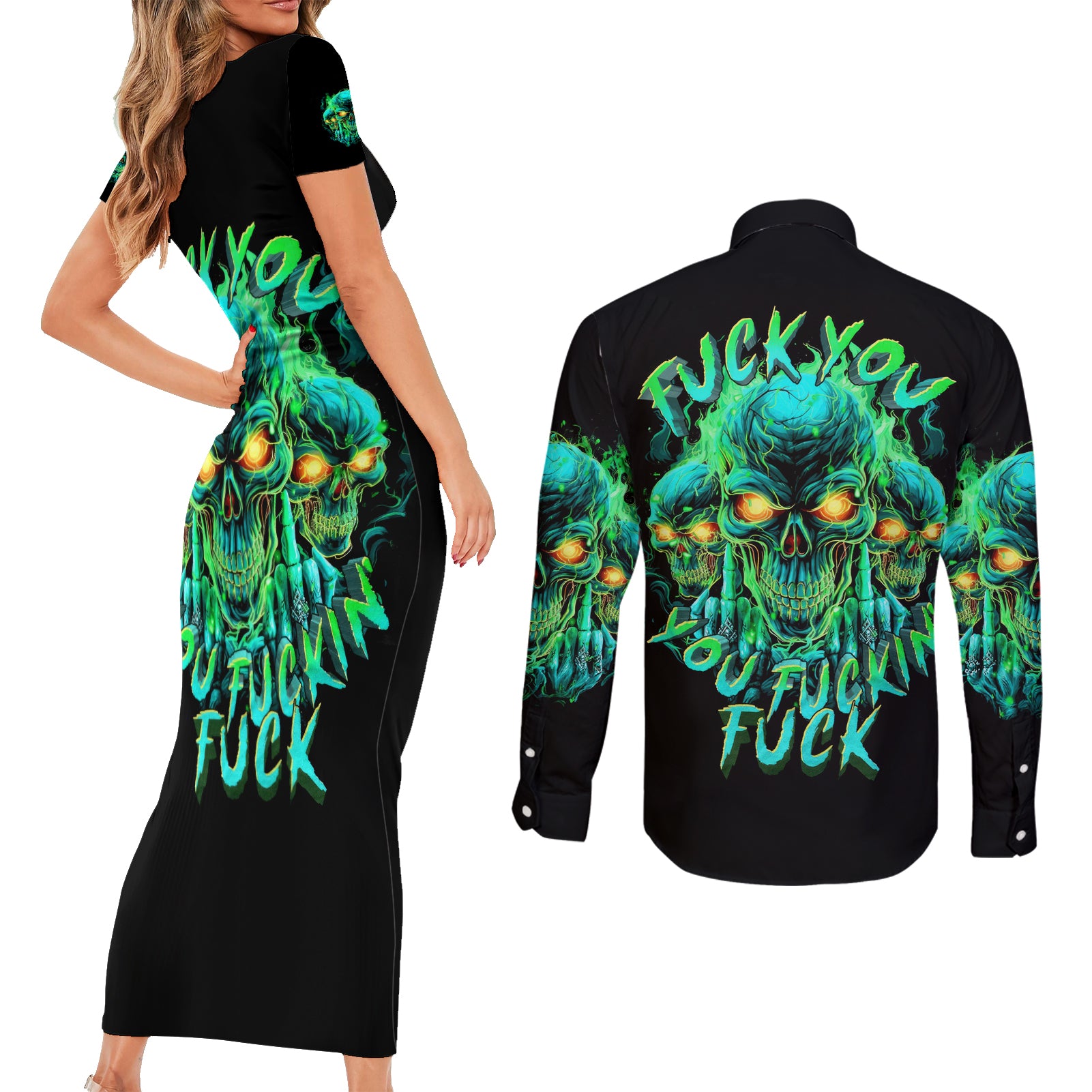 Flame Skull Couples Matching Short Sleeve Bodycon Dress and Long Sleeve Button Shirt Fuck You You Fuckin Fuck