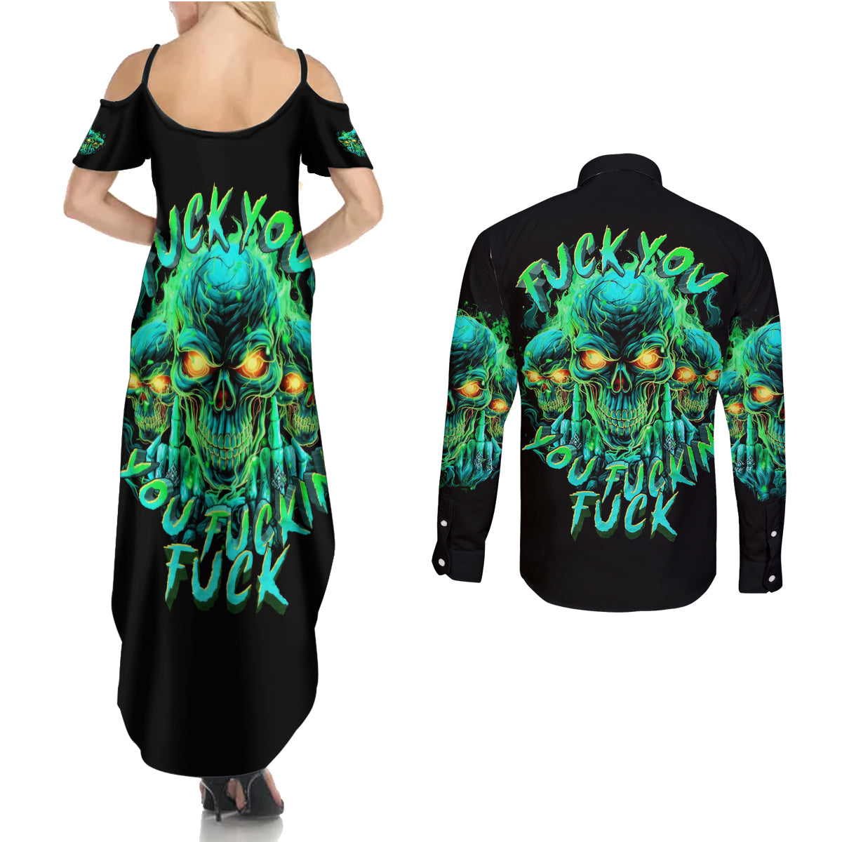 Flame Skull Couples Matching Summer Maxi Dress and Long Sleeve Button Shirt Fuck You You Fuckin Fuck