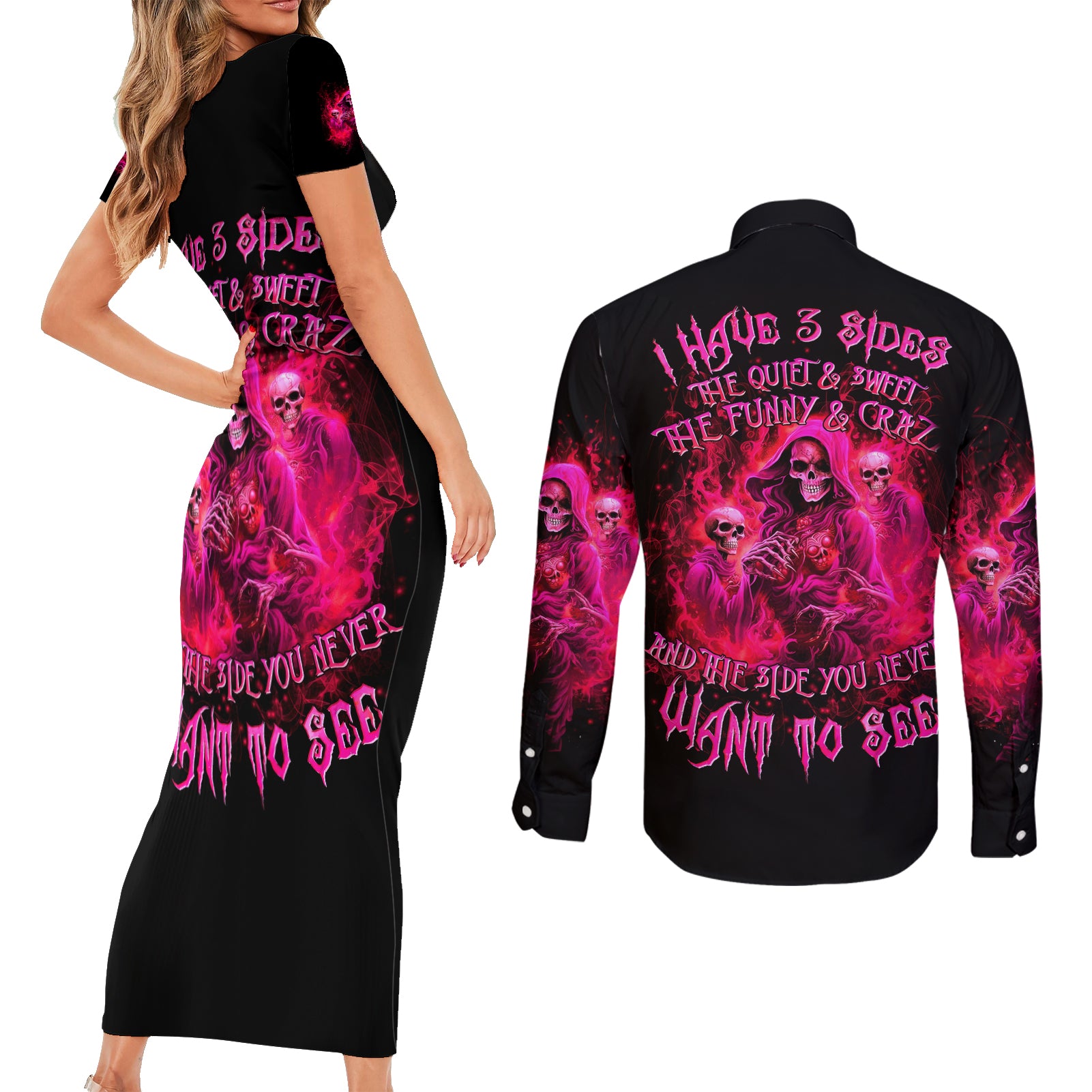 Flame Skull Couples Matching Short Sleeve Bodycon Dress and Long Sleeve Button Shirt I Have 3 Sides Quite Sweet Funny Crazy And The Side You Never See