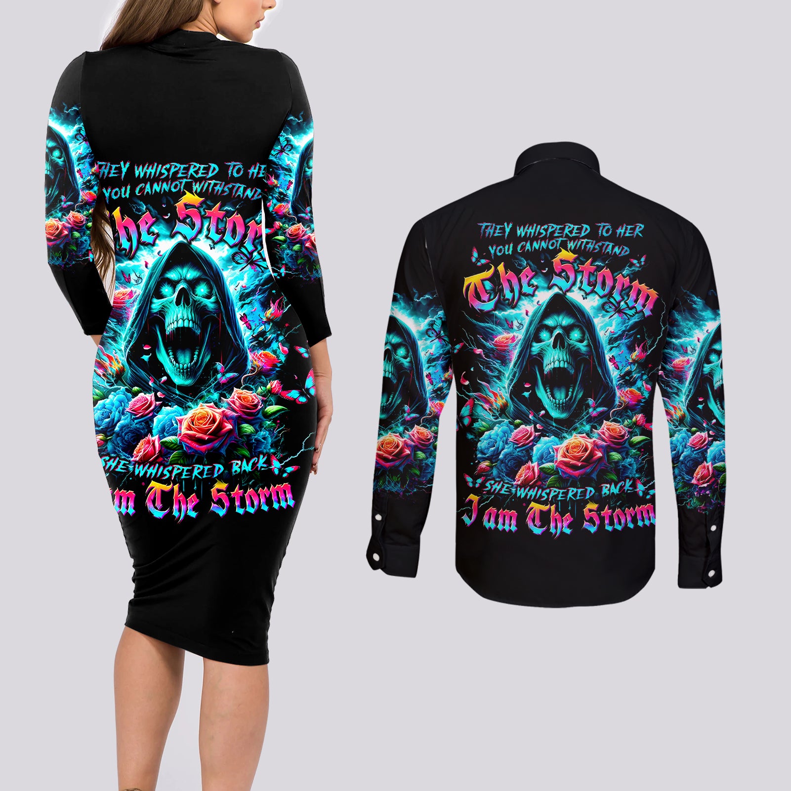 Rose Skull Couples Matching Long Sleeve Bodycon Dress and Long Sleeve Button Shirt She Whispered Back Iam The Storm