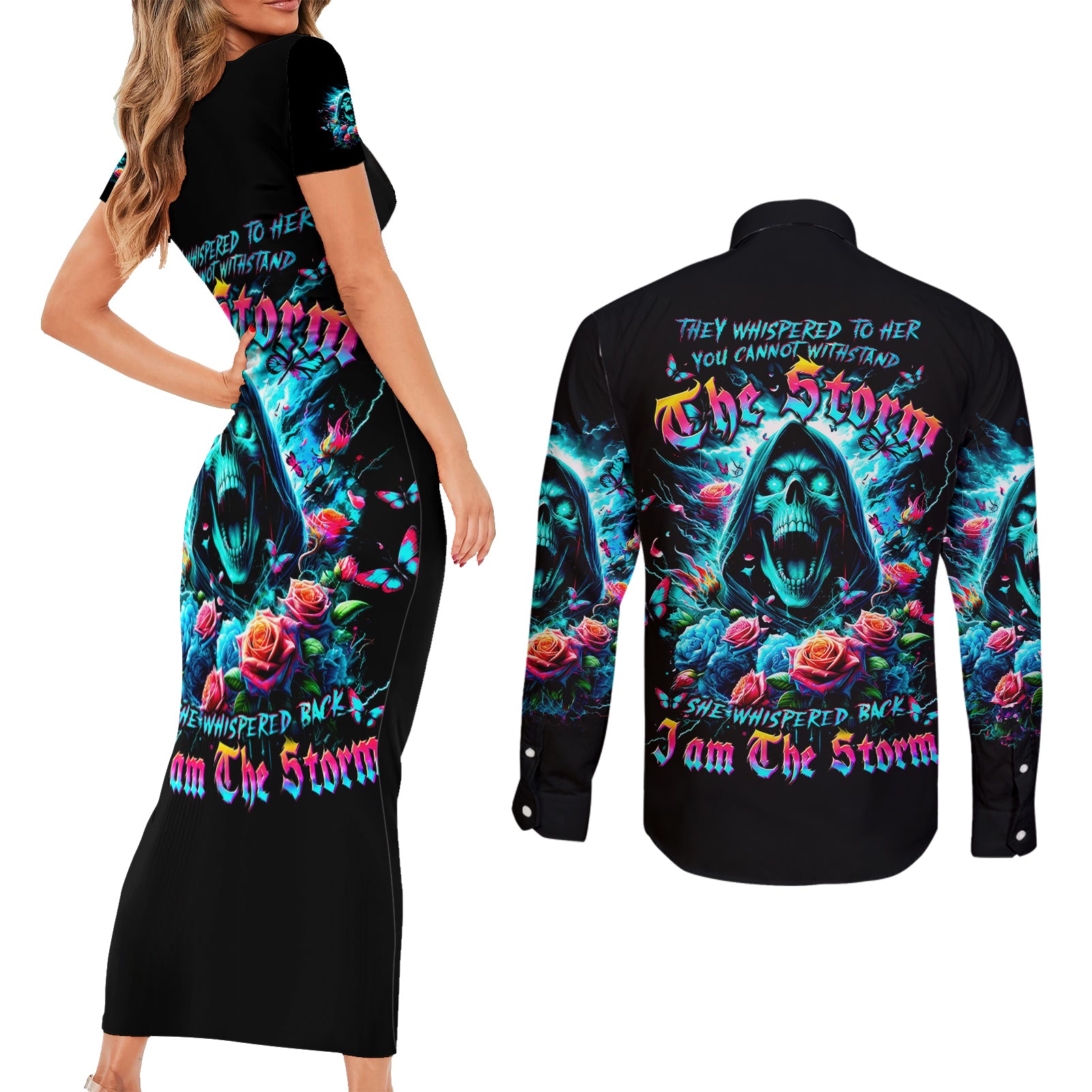 Rose Skull Couples Matching Short Sleeve Bodycon Dress and Long Sleeve Button Shirt She Whispered Back Iam The Storm