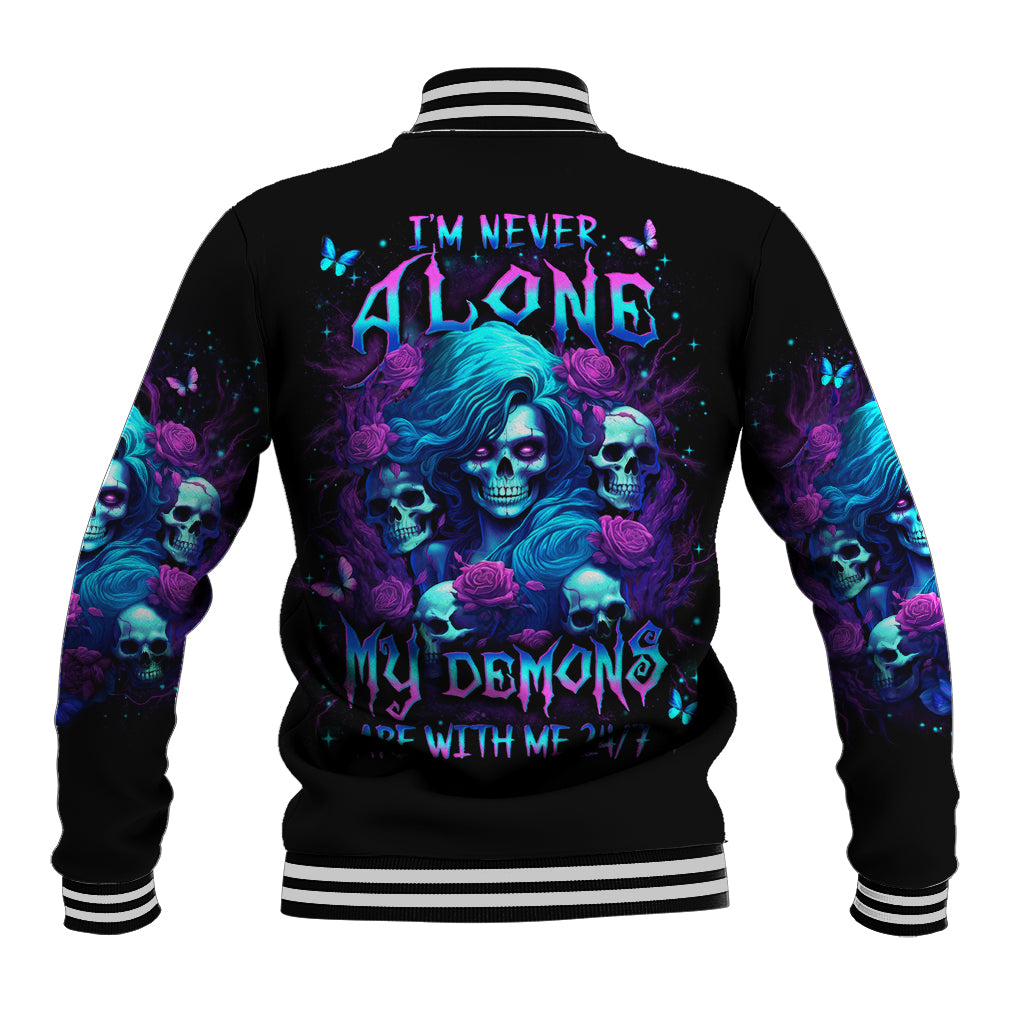 Rose Skull Baseball Jacket I'm Never Alone My Demon Are With Me 24/7