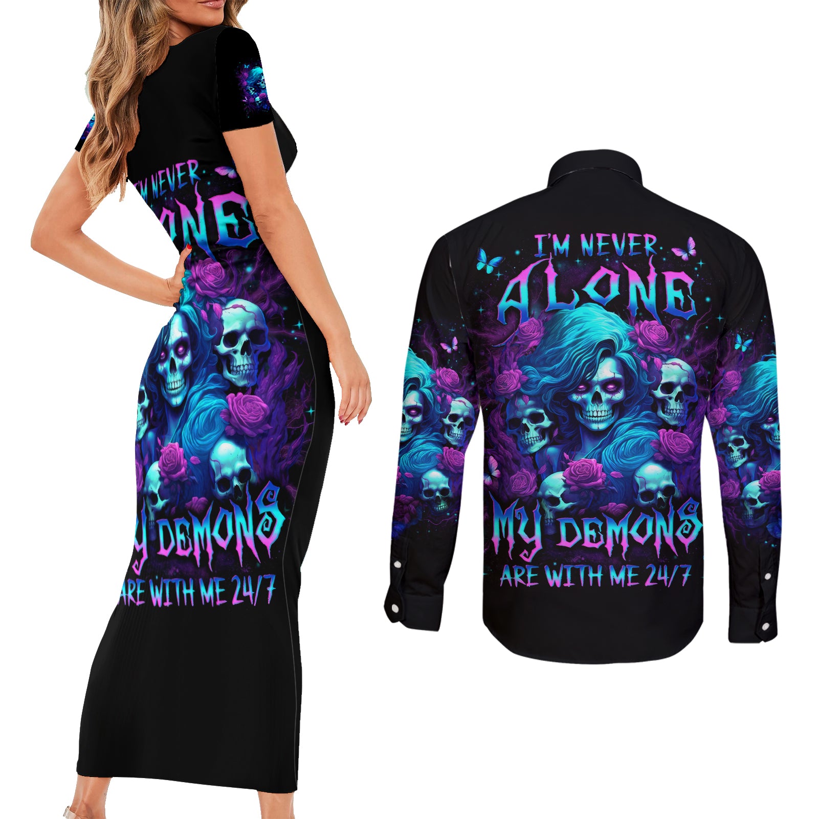 Rose Skull Couples Matching Short Sleeve Bodycon Dress and Long Sleeve Button Shirt I'm Never Alone My Demon Are With Me 24/7