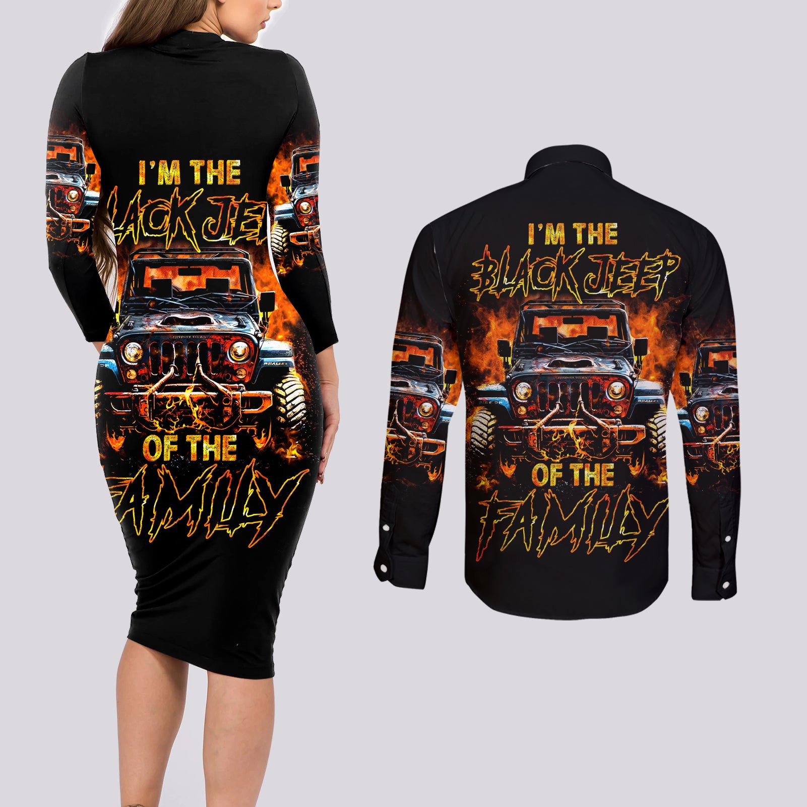 Flame Jeep Couples Matching Long Sleeve Bodycon Dress and Long Sleeve Button Shirt I'm The Black Jeep Of The Family