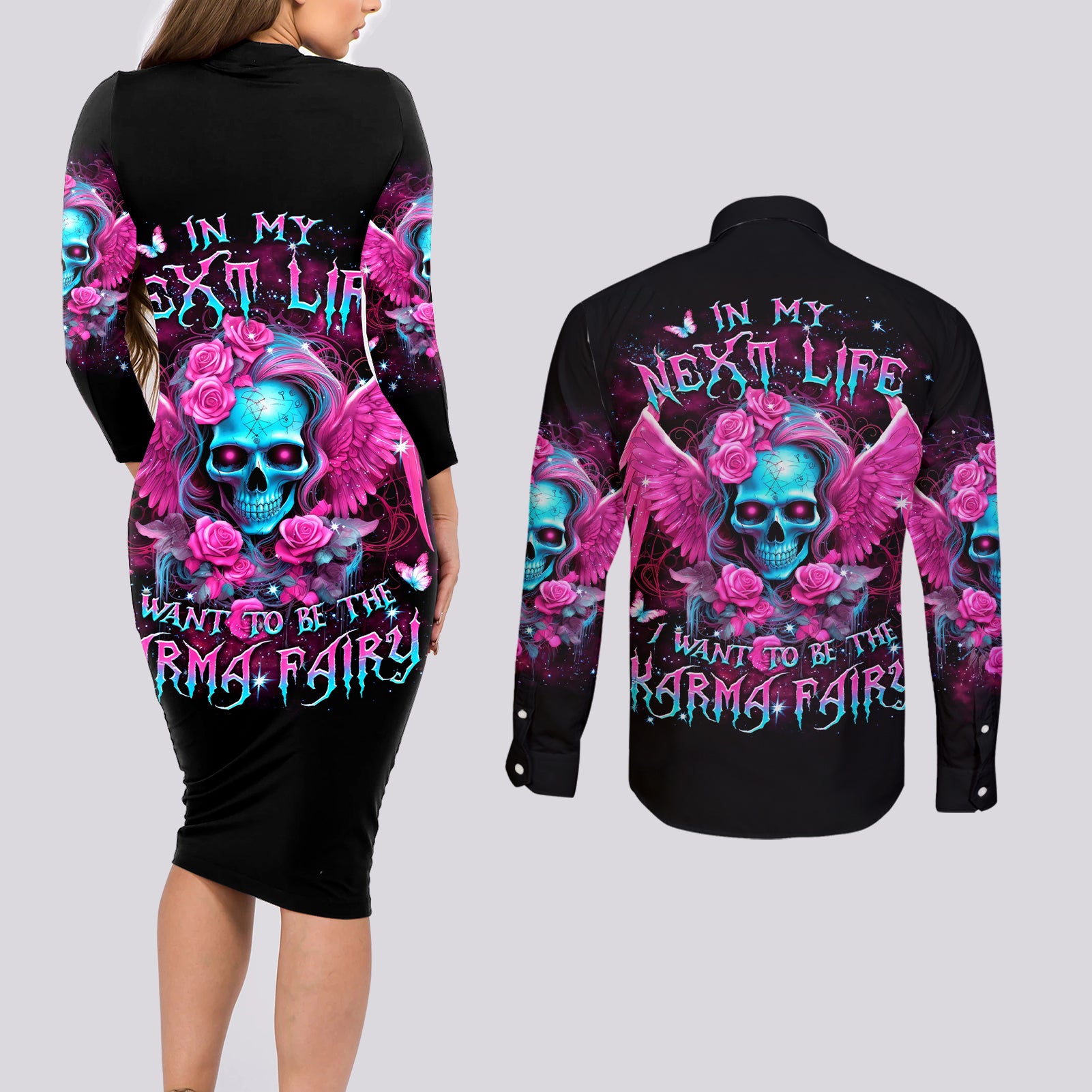 Skull Lady Couples Matching Long Sleeve Bodycon Dress and Long Sleeve Button Shirt In My Next Life I Want To Be The Karma Fairy