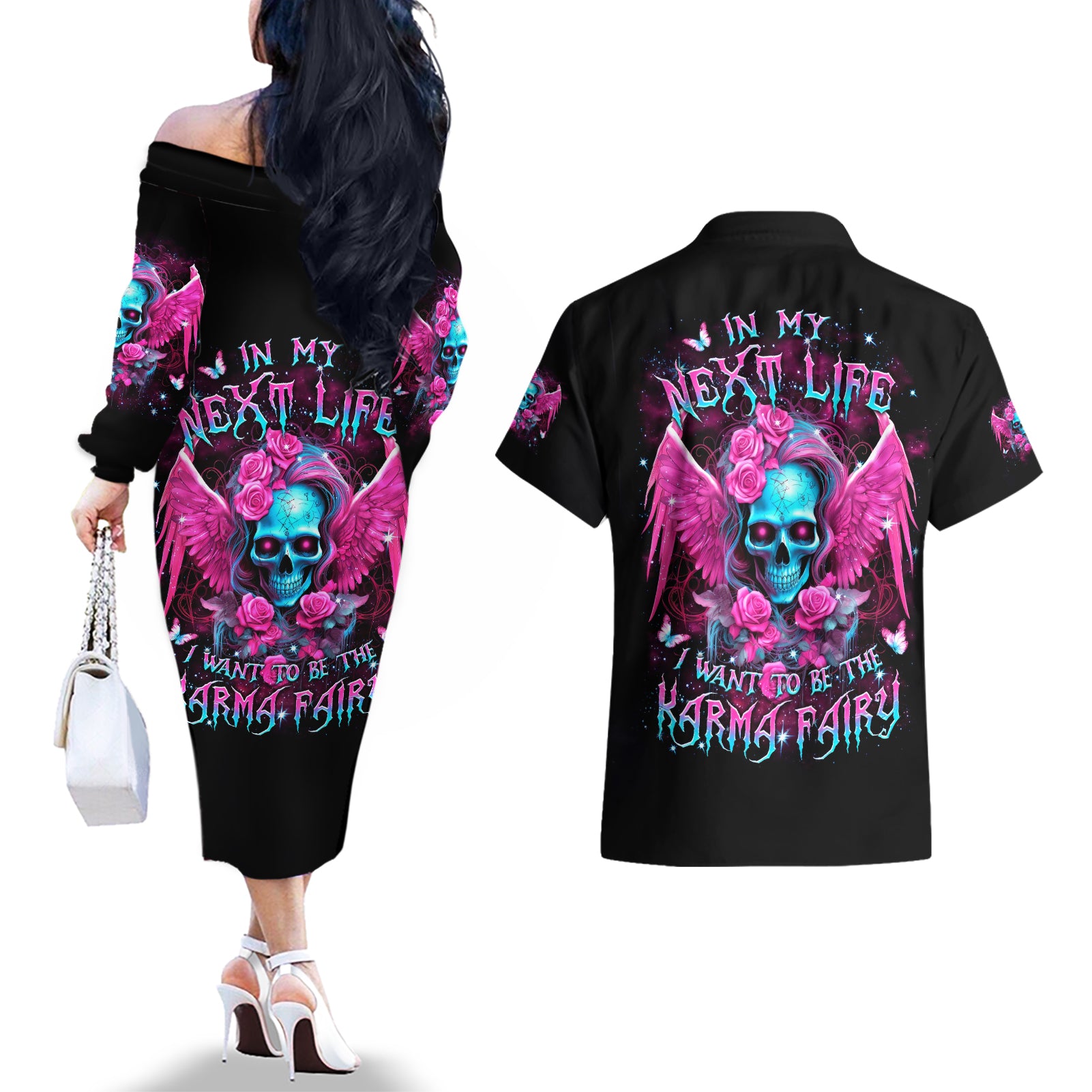 Skull Lady Couples Matching Off The Shoulder Long Sleeve Dress and Hawaiian Shirt In My Next Life I Want To Be The Karma Fairy