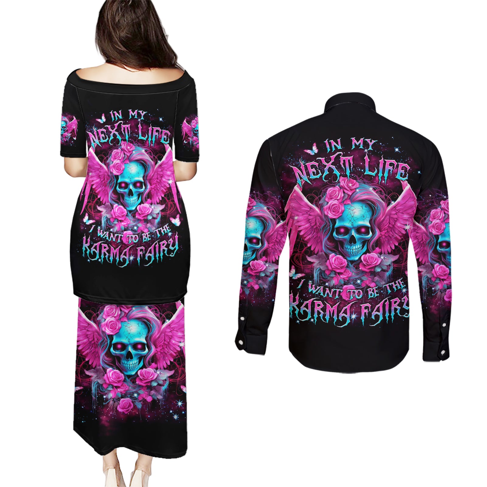 Skull Lady Couples Matching Puletasi and Long Sleeve Button Shirt In My Next Life I Want To Be The Karma Fairy