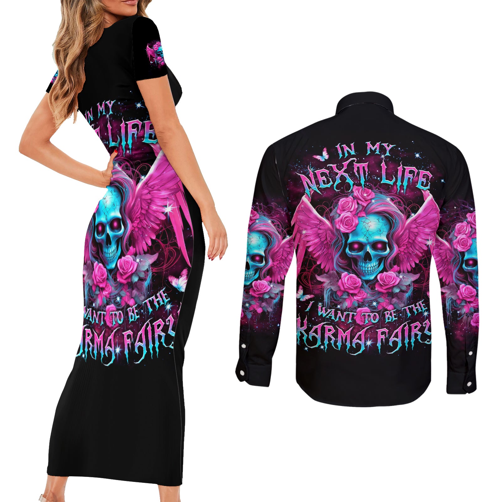 Skull Lady Couples Matching Short Sleeve Bodycon Dress and Long Sleeve Button Shirt In My Next Life I Want To Be The Karma Fairy