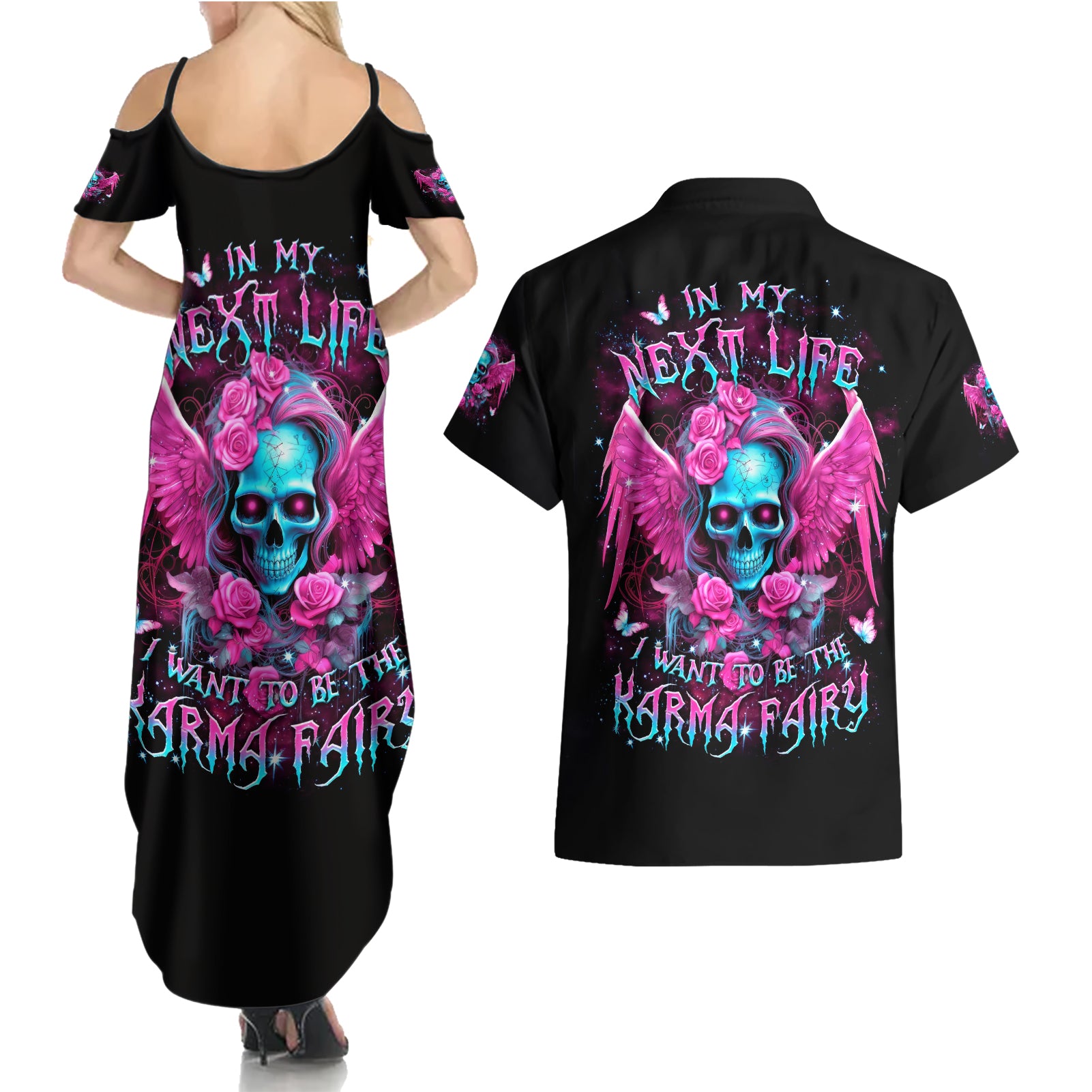 Skull Lady Couples Matching Summer Maxi Dress and Hawaiian Shirt In My Next Life I Want To Be The Karma Fairy