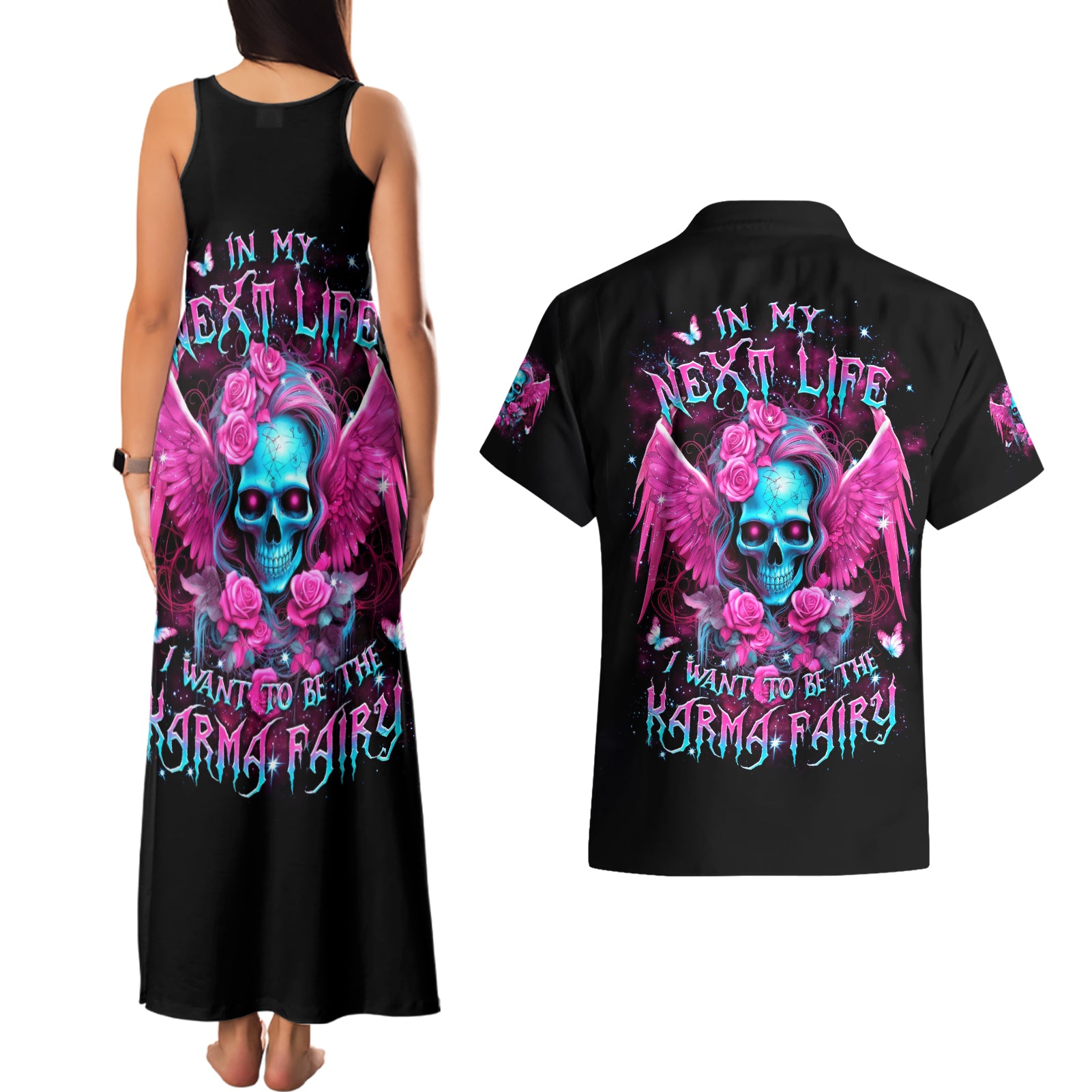 Skull Lady Couples Matching Tank Maxi Dress and Hawaiian Shirt In My Next Life I Want To Be The Karma Fairy