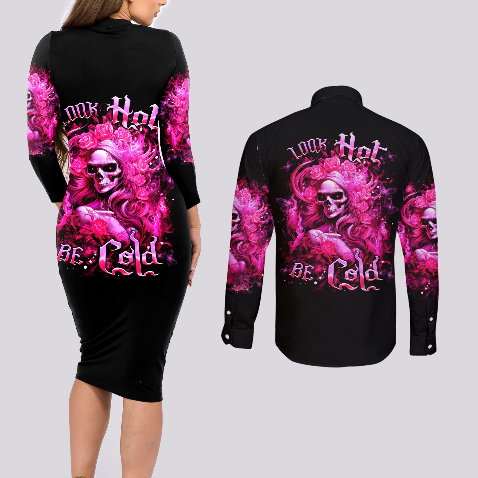 Skull Lady Couples Matching Long Sleeve Bodycon Dress and Long Sleeve Button Shirt Look Hot Be Cold