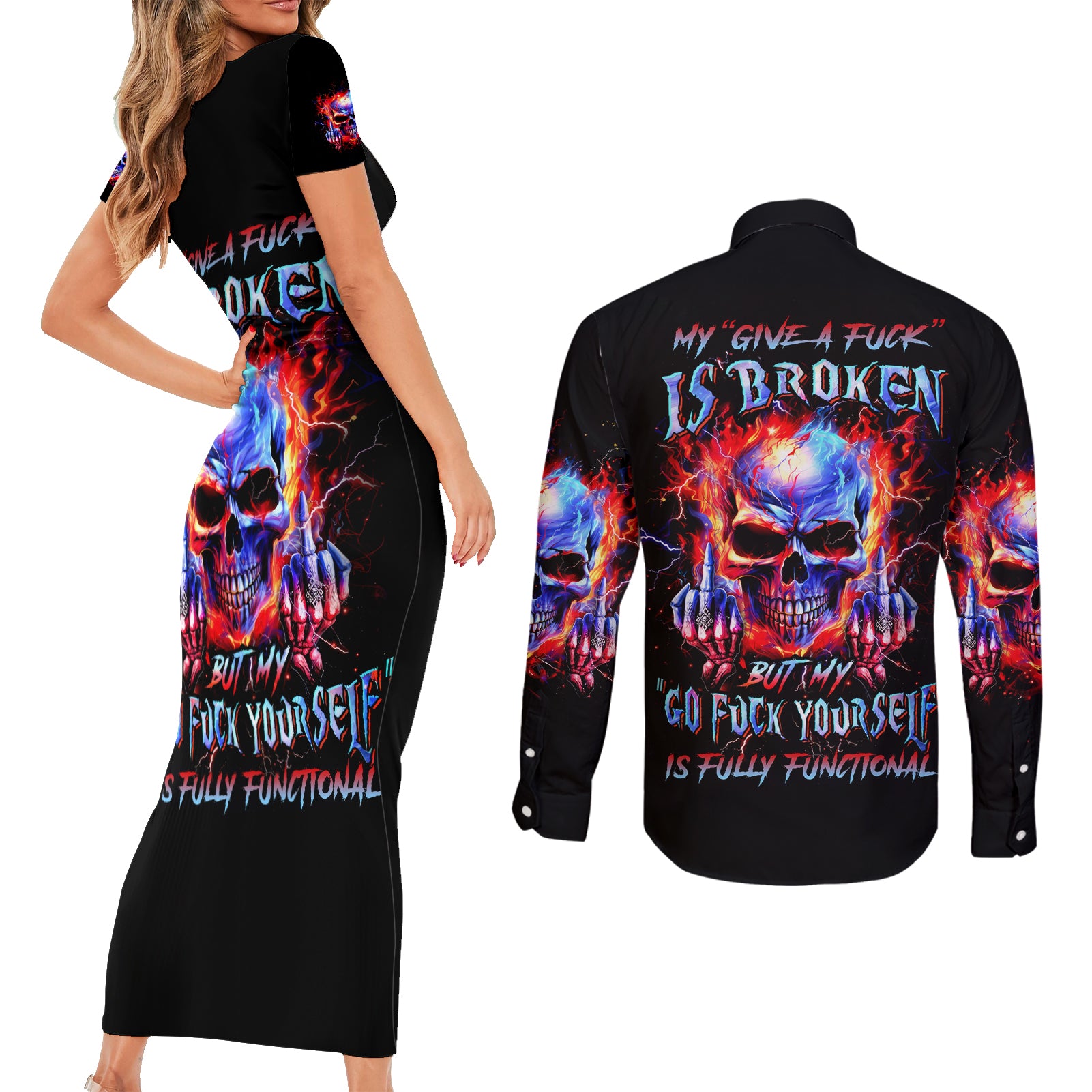 Flame Skull Couples Matching Short Sleeve Bodycon Dress and Long Sleeve Button Shirt My Give A Fuck Is Broken But My Go Fuck Yourself Is Fully Functional