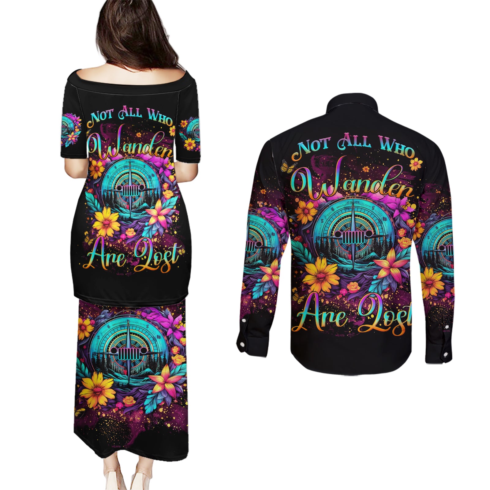 Flower Jeep Couples Matching Puletasi and Long Sleeve Button Shirt Not All Who Wander Are Lost