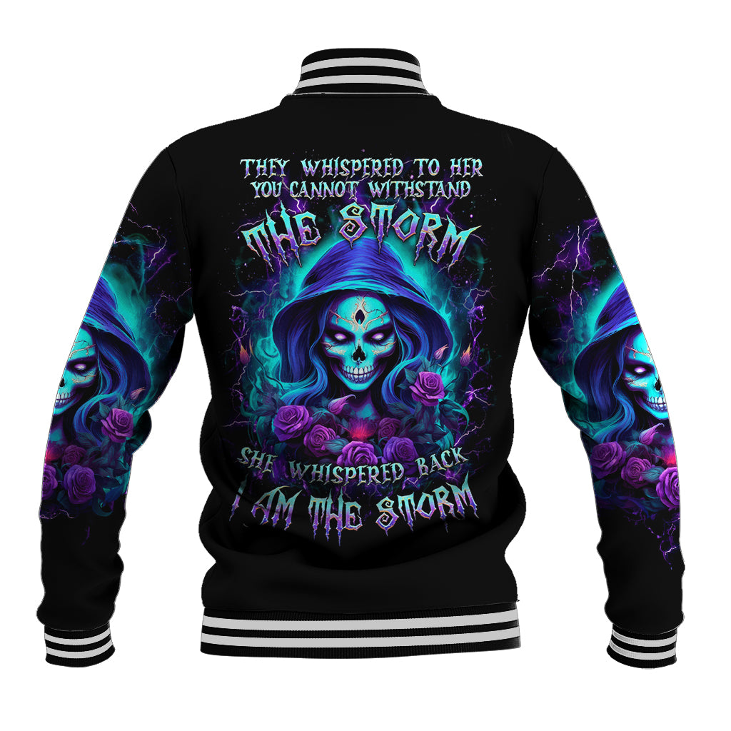 Skull Lady Baseball Jacket Rose Skull She Whispered Back Iam The Storm