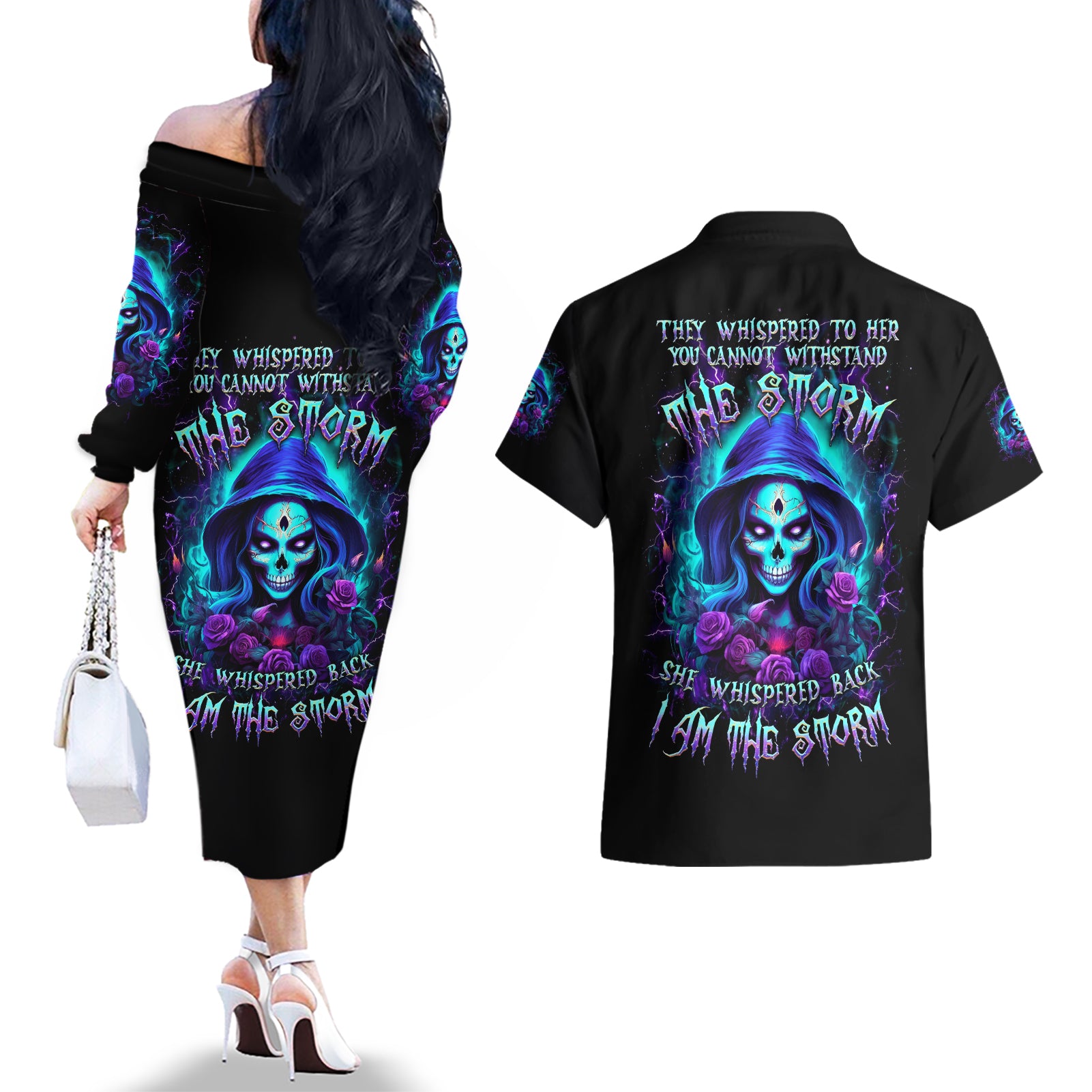 Skull Lady Couples Matching Off The Shoulder Long Sleeve Dress and Hawaiian Shirt Rose Skull She Whispered Back Iam The Storm