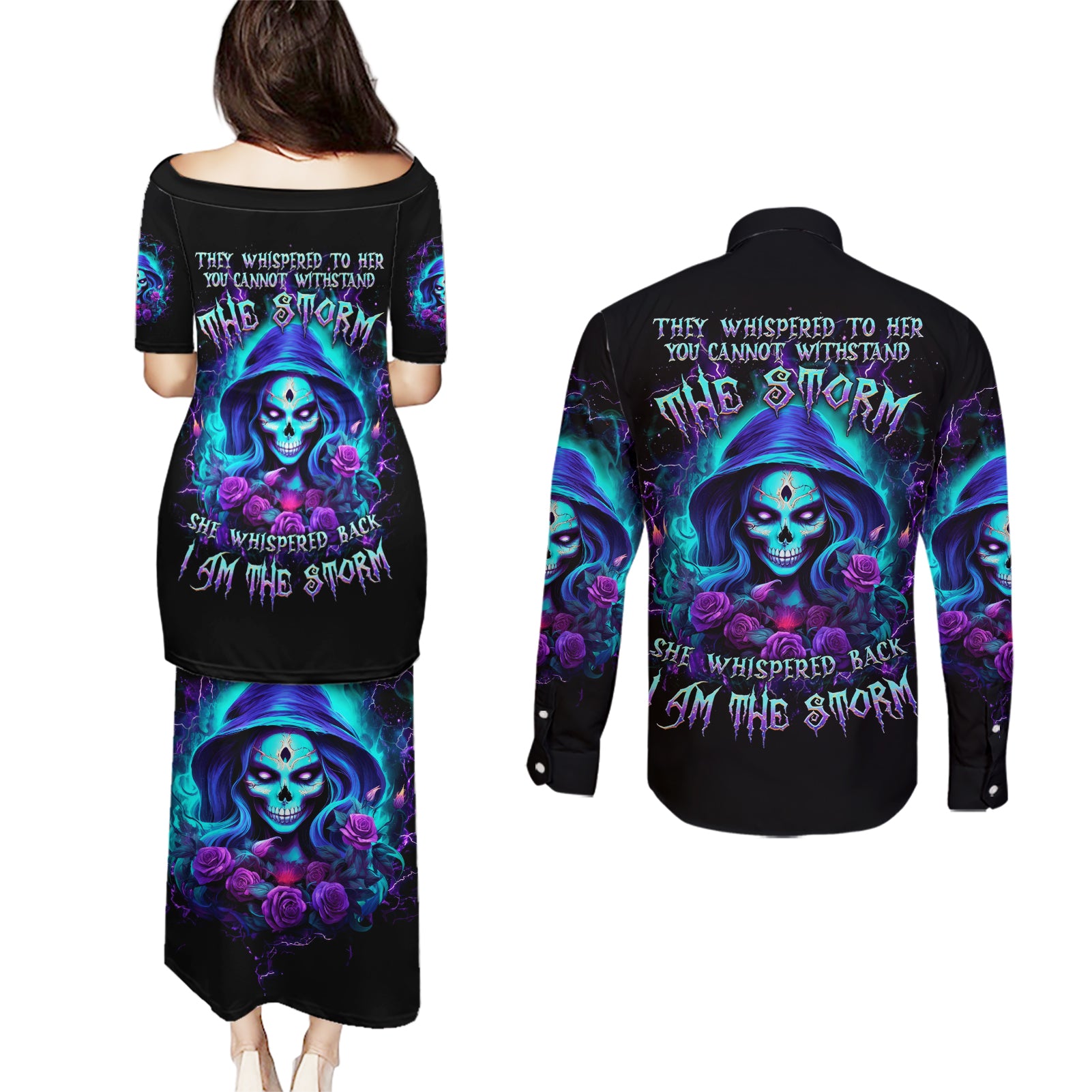 Skull Lady Couples Matching Puletasi and Long Sleeve Button Shirt Rose Skull She Whispered Back Iam The Storm