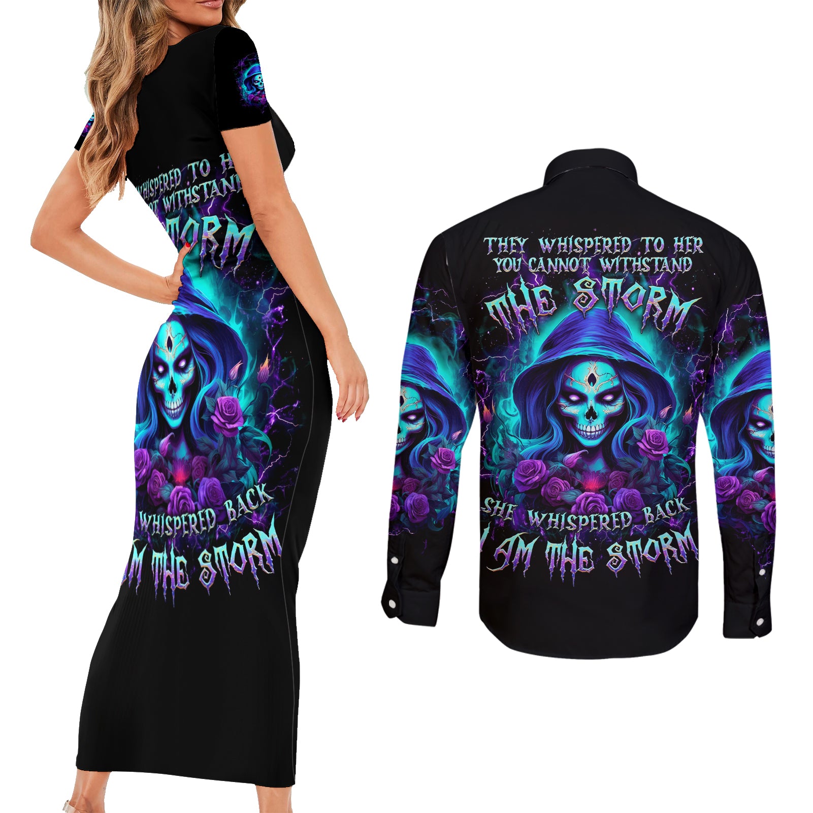 Skull Lady Couples Matching Short Sleeve Bodycon Dress and Long Sleeve Button Shirt Rose Skull She Whispered Back Iam The Storm