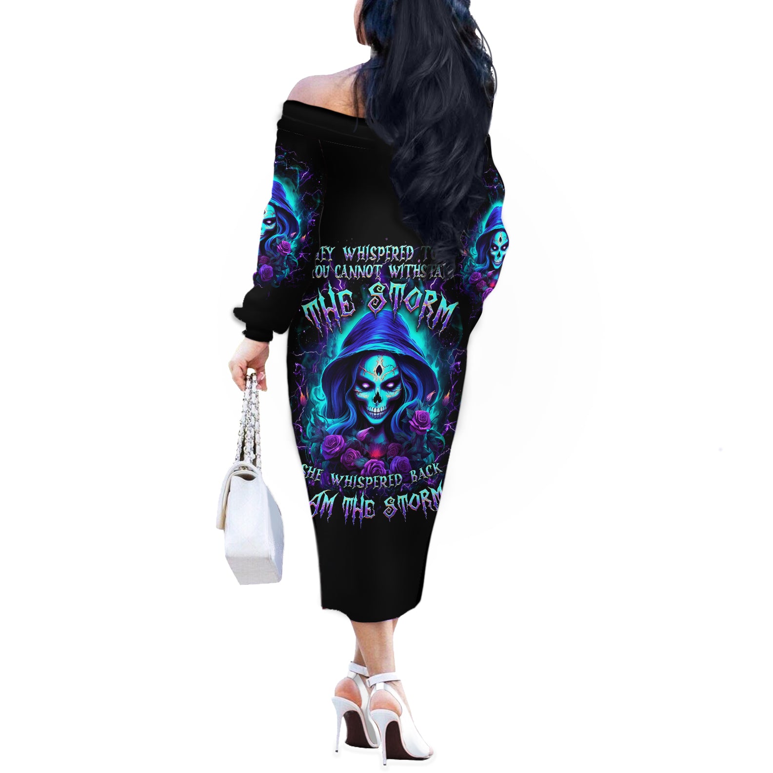 Skull Lady Off The Shoulder Long Sleeve Dress Rose Skull She Whispered Back Iam The Storm