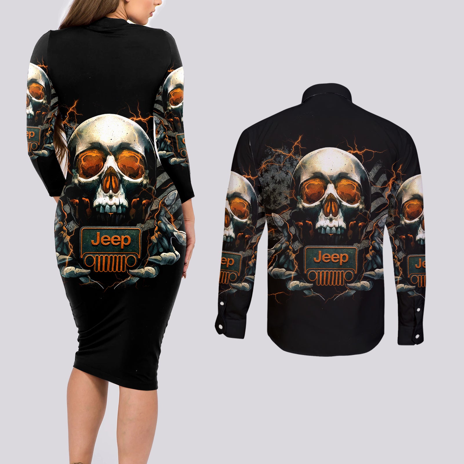 Skull Jeep Couples Matching Long Sleeve Bodycon Dress and Long Sleeve Button Shirt Skull Flag Jeep Life