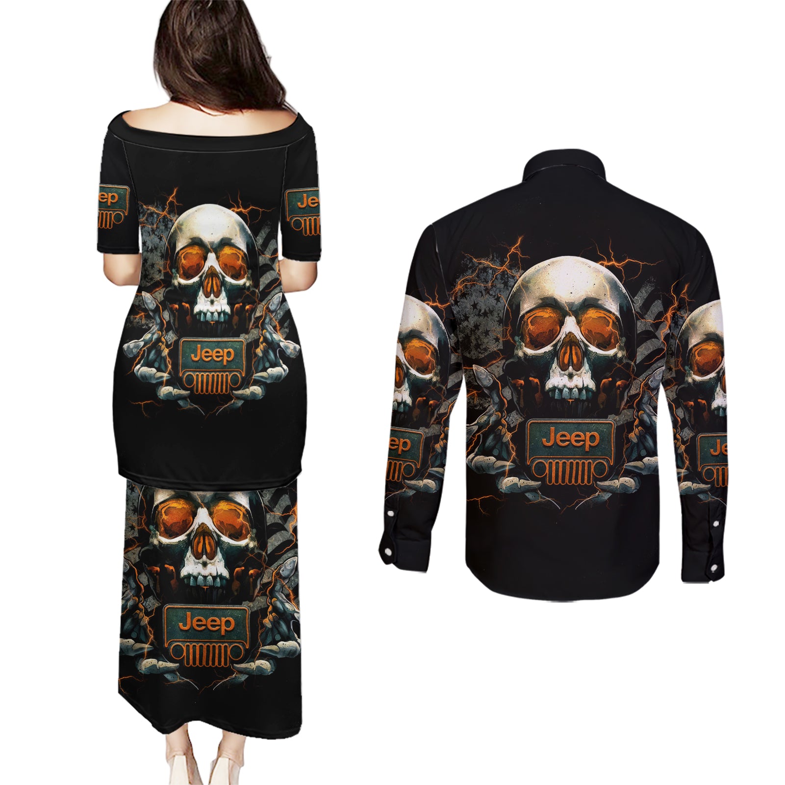 Skull Jeep Couples Matching Puletasi and Long Sleeve Button Shirt Skull Flag Jeep Life