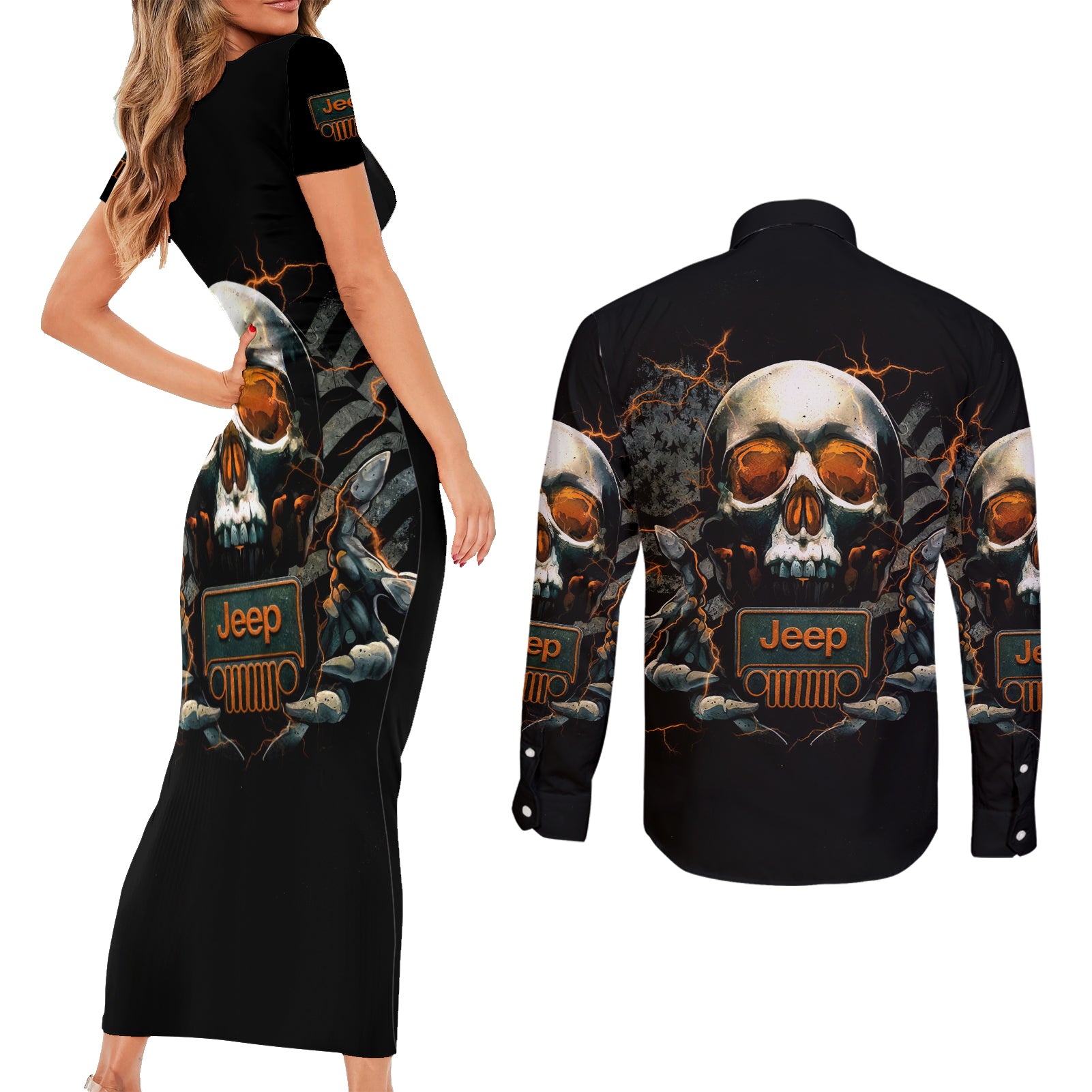 Skull Jeep Couples Matching Short Sleeve Bodycon Dress and Long Sleeve Button Shirt Skull Flag Jeep Life