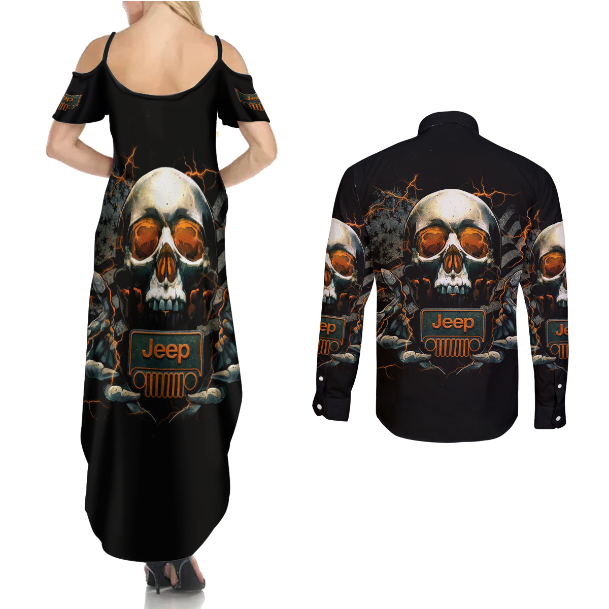 Skull Jeep Couples Matching Summer Maxi Dress and Long Sleeve Button Shirt Skull Flag Jeep Life