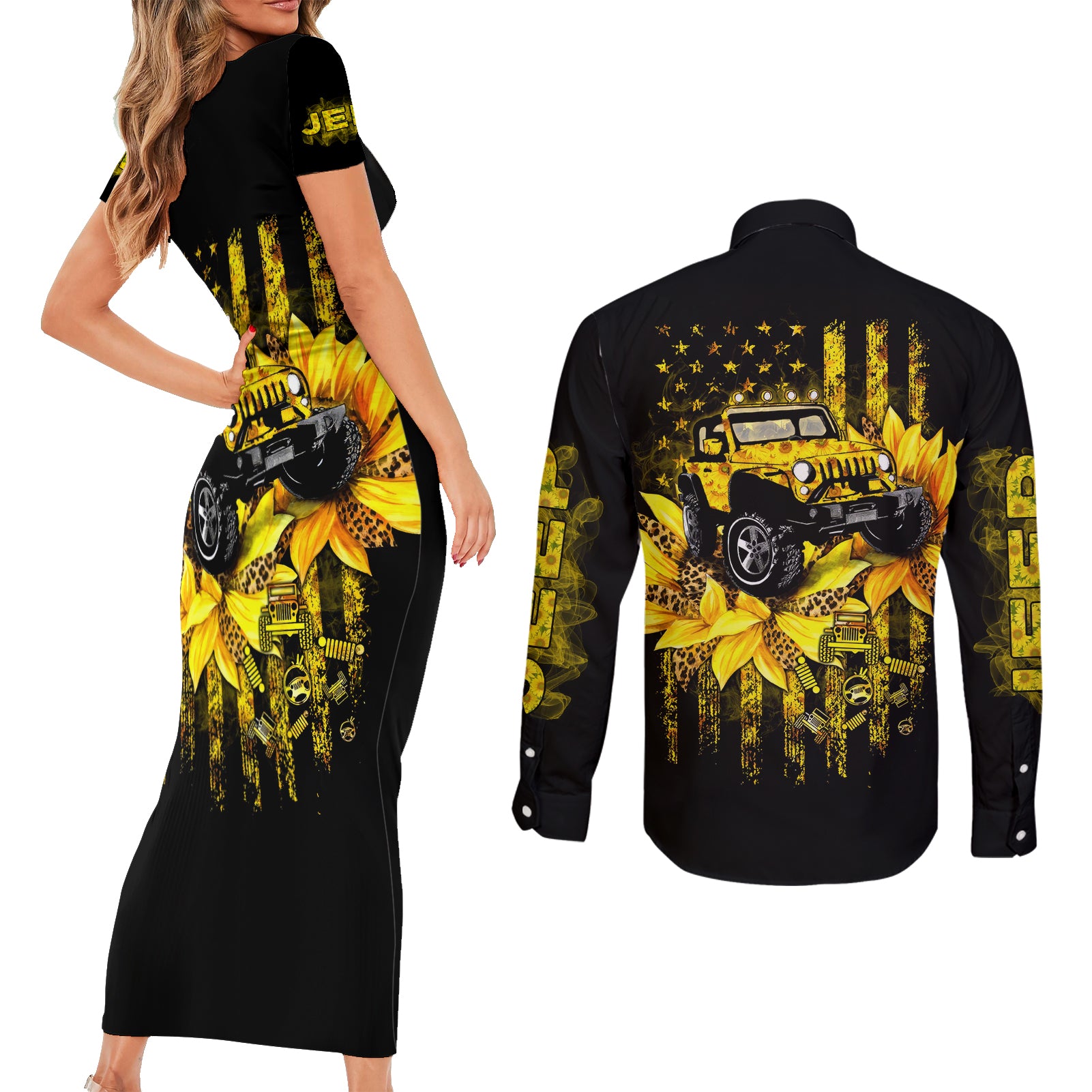 Sunflower Jeep Couples Matching Short Sleeve Bodycon Dress and Long Sleeve Button Shirt American Flag Sunflower Jeep