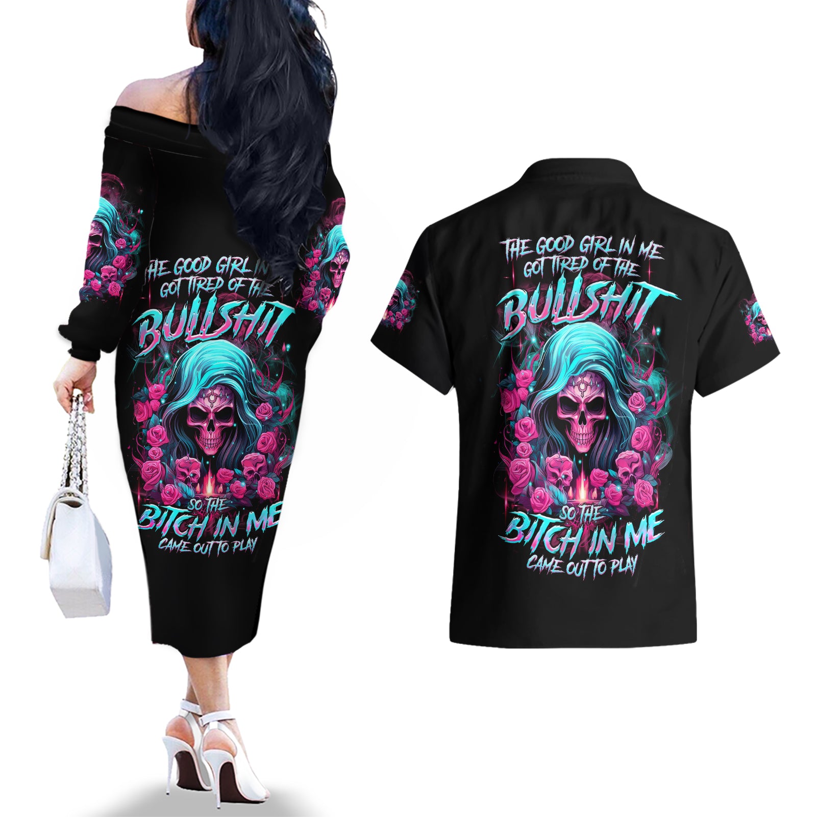 Lady Skull Couples Matching Off The Shoulder Long Sleeve Dress and Hawaiian Shirt The Good Girl In Me Got Tired Of The Bullshit