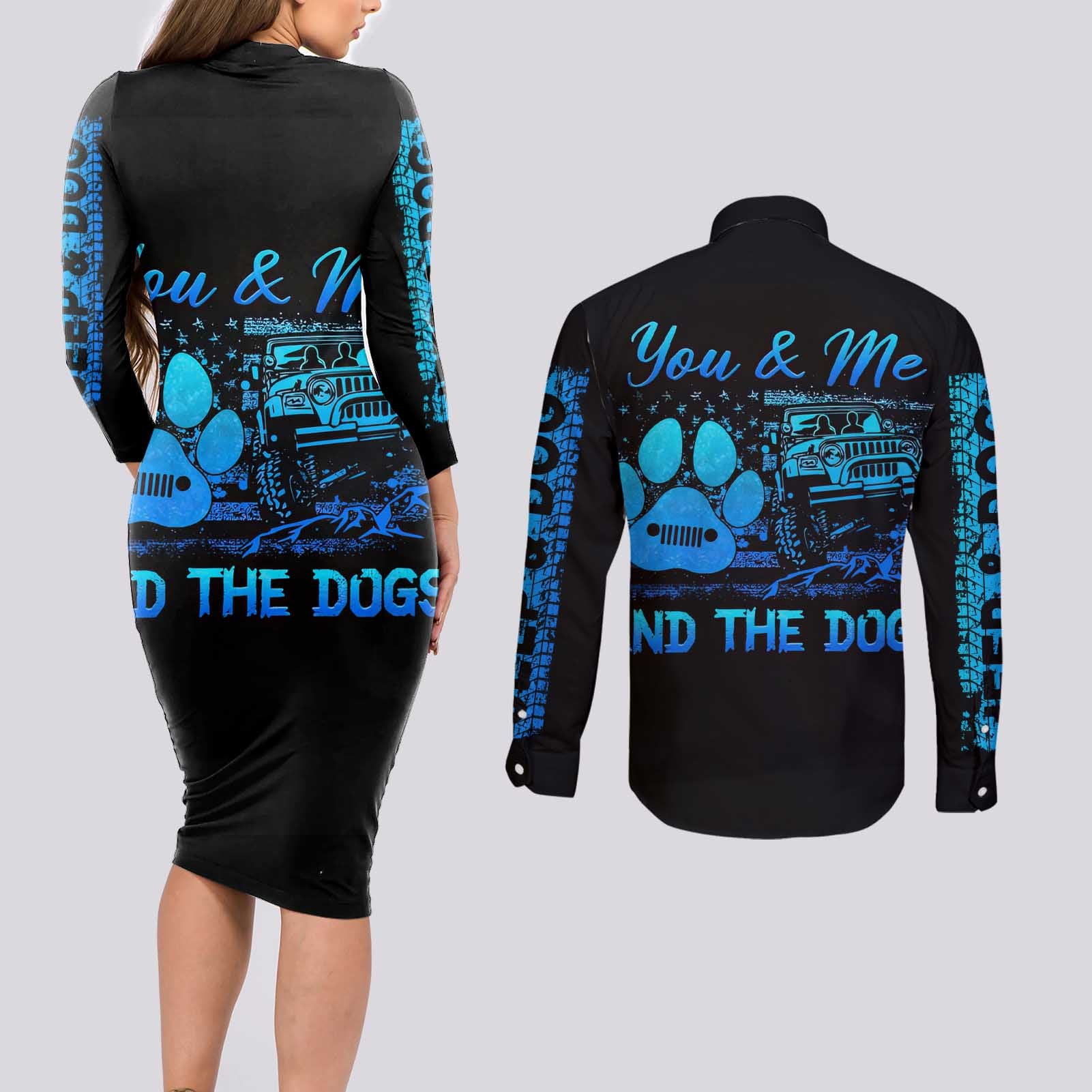 Jeep Life Couples Matching Long Sleeve Bodycon Dress and Long Sleeve Button Shirt You & Me And The Dogs DT01