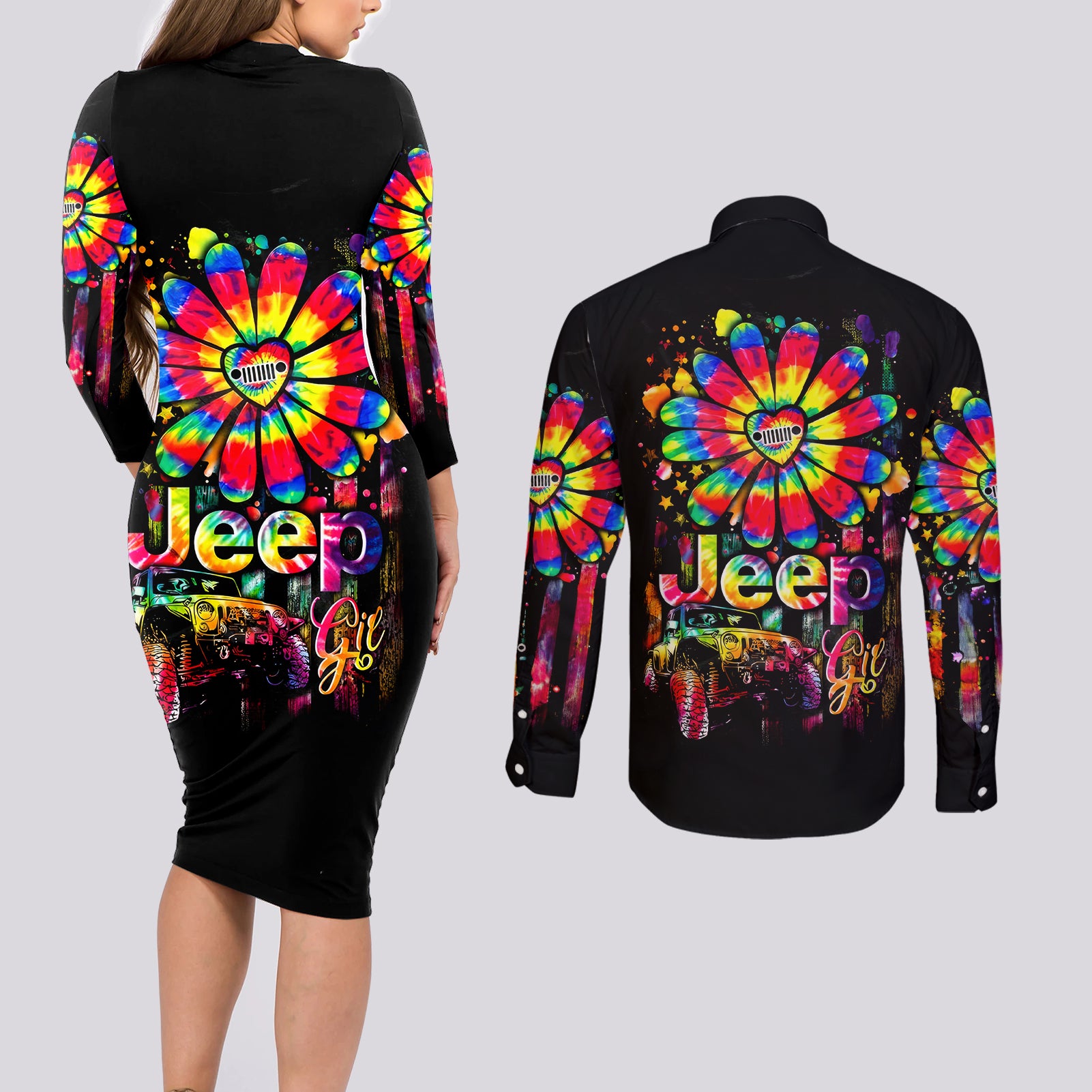 Hippie Jeep Couples Matching Long Sleeve Bodycon Dress and Long Sleeve Button Shirt Daisy Jeep Girl