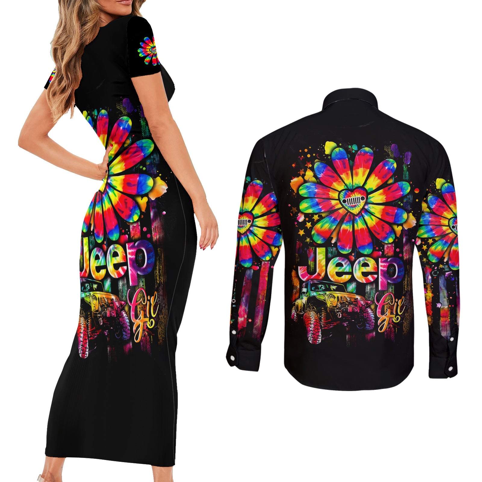 Hippie Jeep Couples Matching Short Sleeve Bodycon Dress and Long Sleeve Button Shirt Daisy Jeep Girl