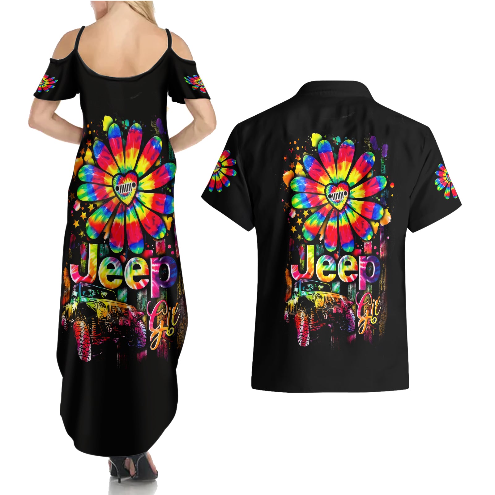 Hippie Jeep Couples Matching Summer Maxi Dress and Hawaiian Shirt Daisy Jeep Girl