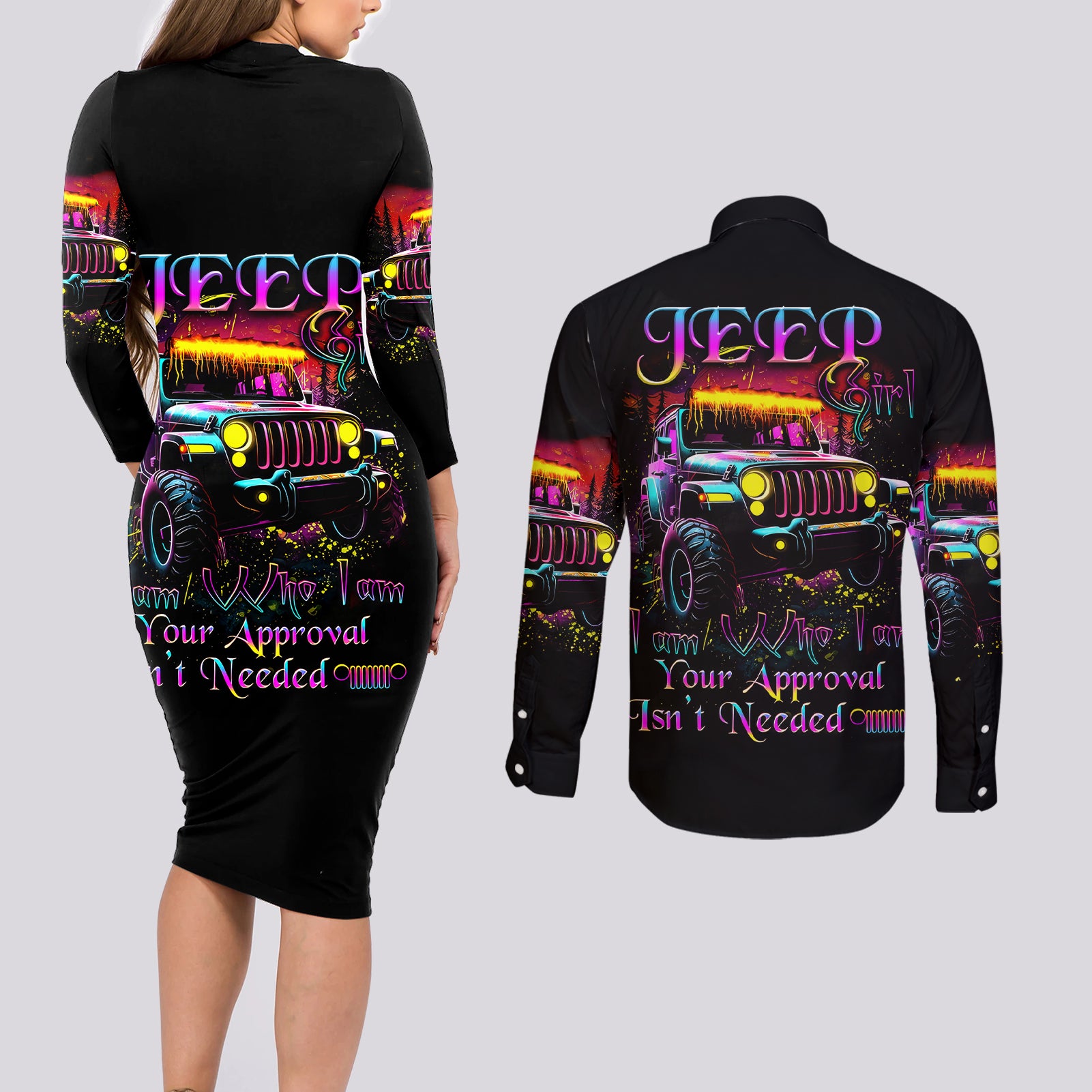 Glowing Jeep Couples Matching Long Sleeve Bodycon Dress and Long Sleeve Button Shirt Jeep Girl Iam Who Iam Your Approval Isn't Needed