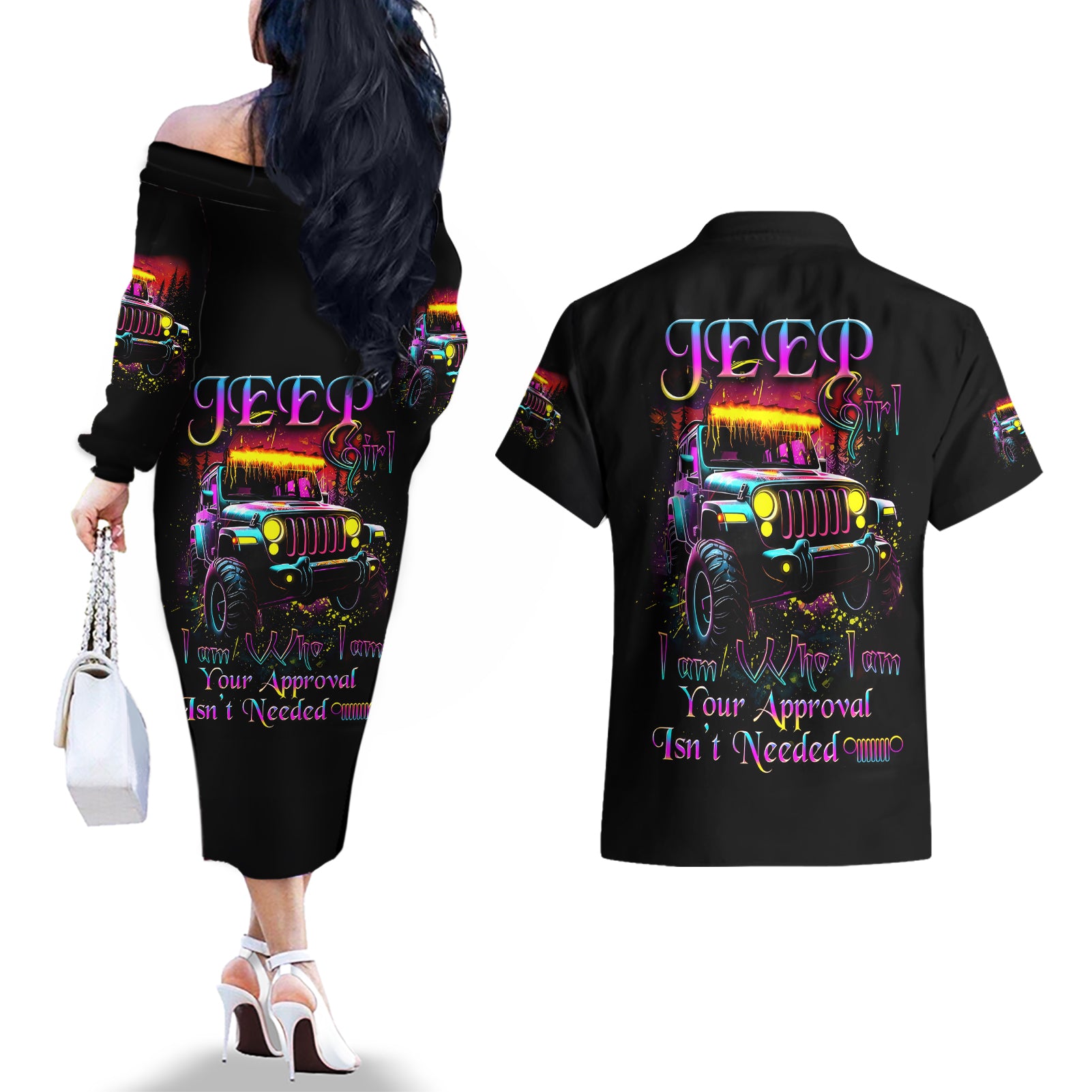 Glowing Jeep Couples Matching Off The Shoulder Long Sleeve Dress and Hawaiian Shirt Jeep Girl Iam Who Iam Your Approval Isn't Needed