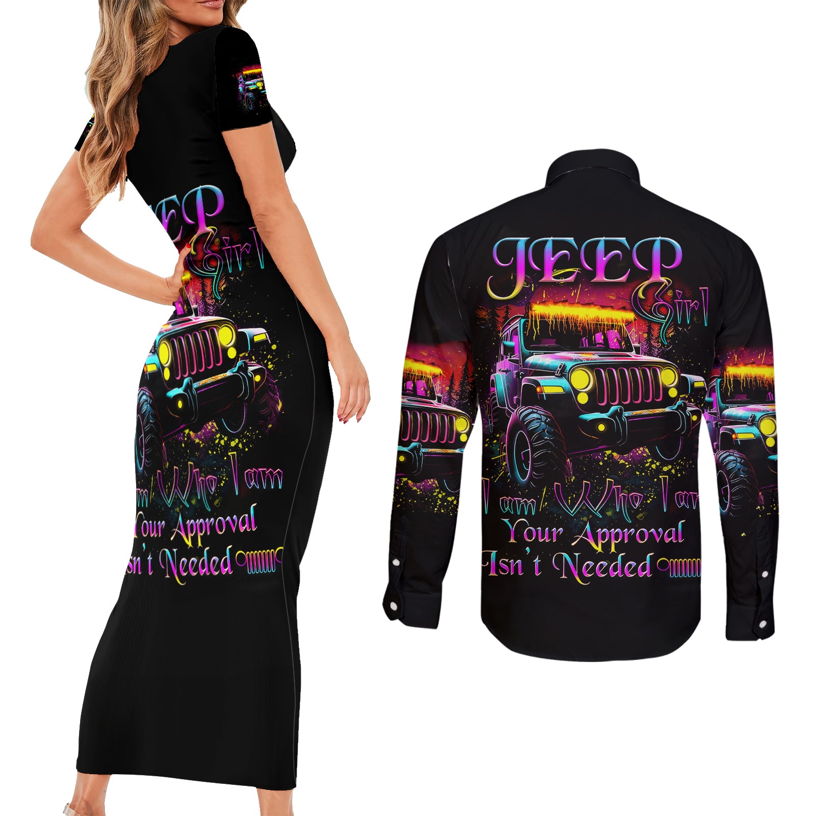 Glowing Jeep Couples Matching Short Sleeve Bodycon Dress and Long Sleeve Button Shirt Jeep Girl Iam Who Iam Your Approval Isn't Needed