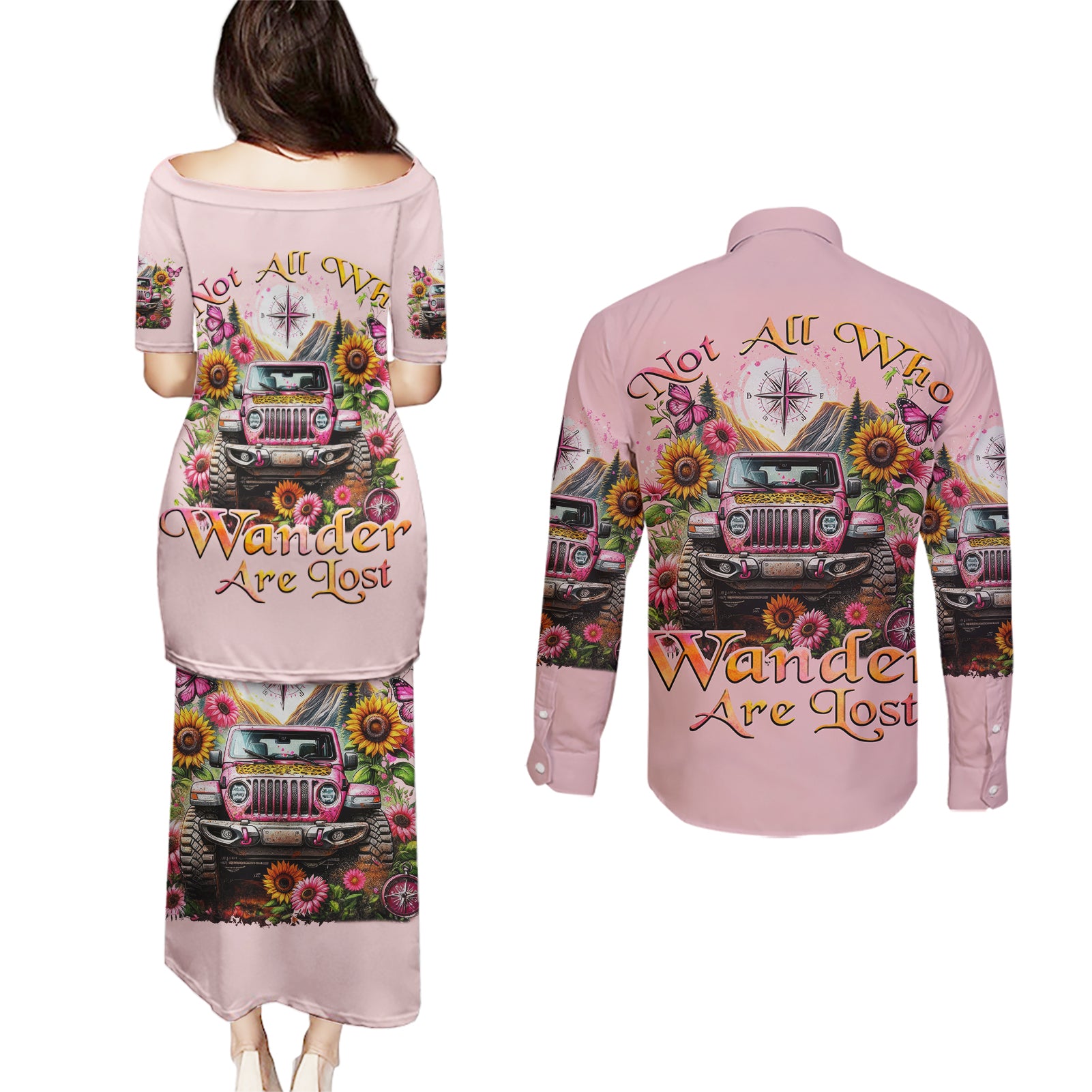 Flower Jeep Couples Matching Puletasi and Long Sleeve Button Shirt Not All Who Wander Are Lost