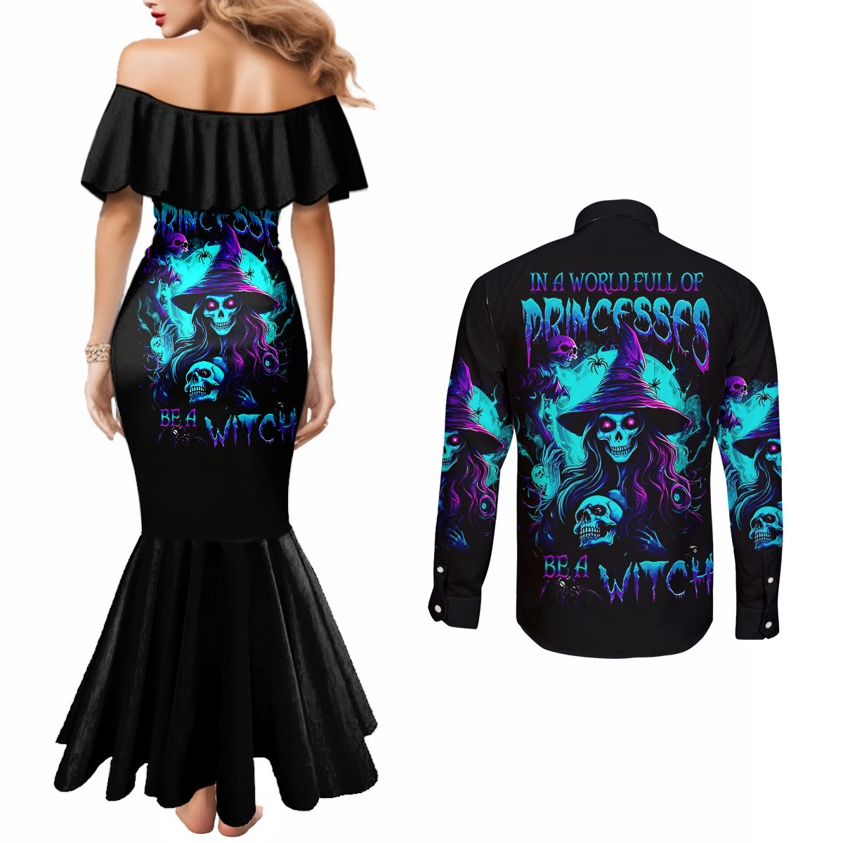 witch-skull-couples-matching-mermaid-dress-and-long-sleeve-button-shirts-in-a-world-full-of-princess-be-a-witch