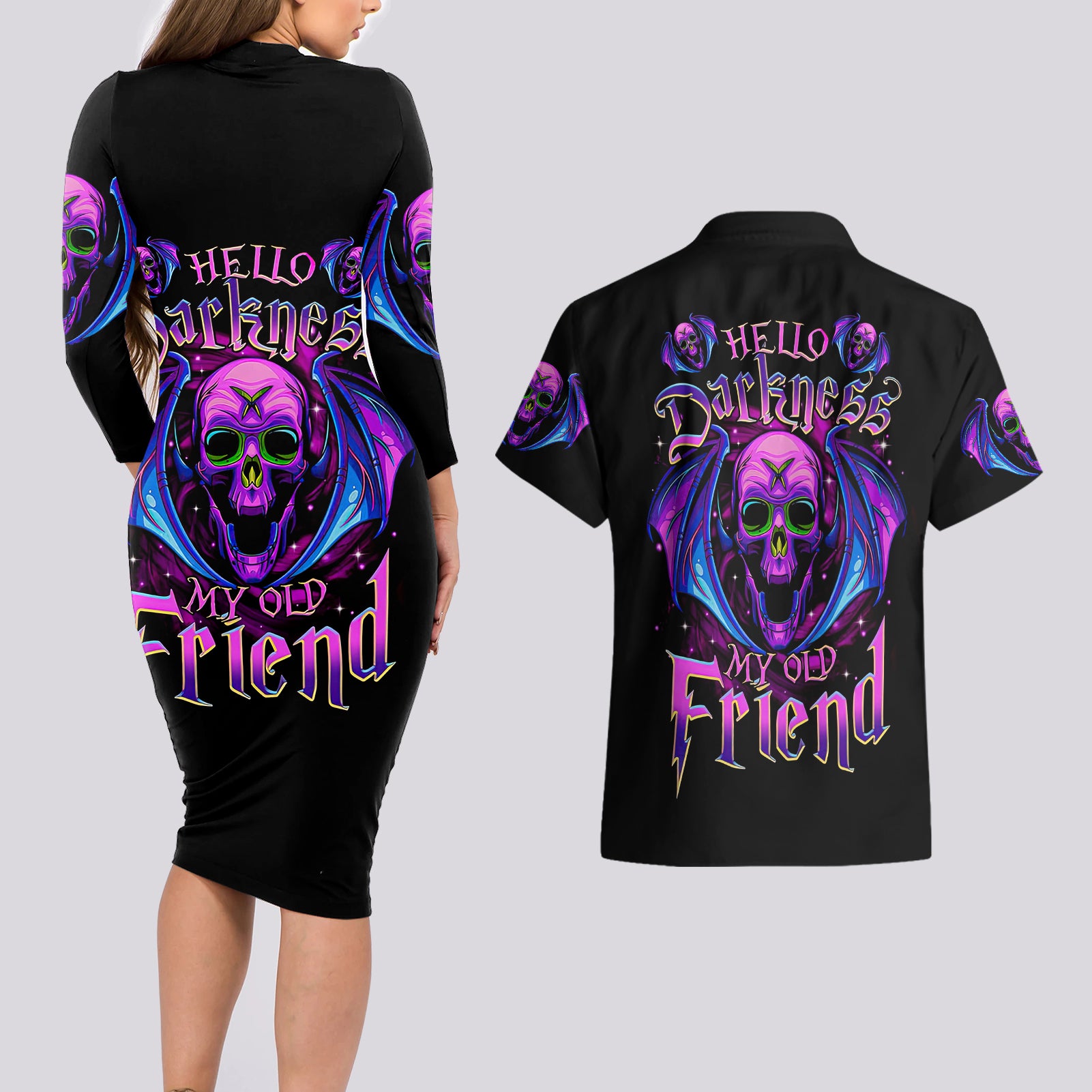 bat-skull-couples-matching-long-sleeve-bodycon-dress-and-hawaiian-shirt-bat-skull-hello-darkness-my-old-friend