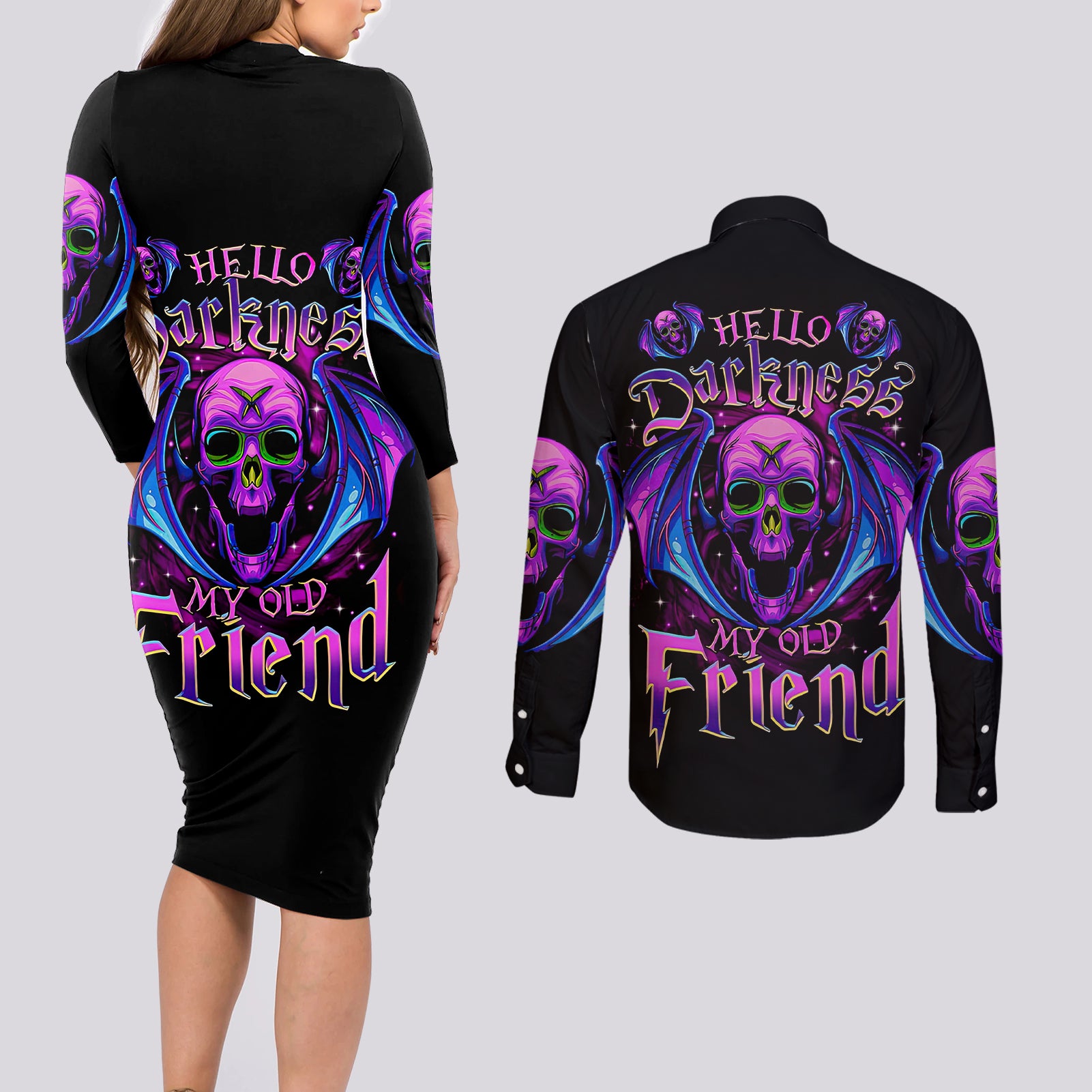 bat-skull-couples-matching-long-sleeve-bodycon-dress-and-long-sleeve-button-shirts-bat-skull-hello-darkness-my-old-friend